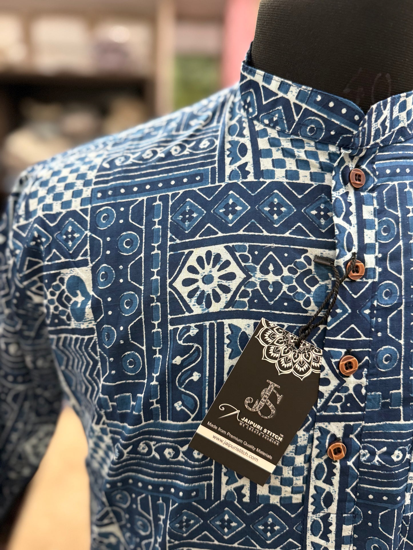 Blue Geometric Dabu Block Printed Full Sleeves Short Kurta for Men