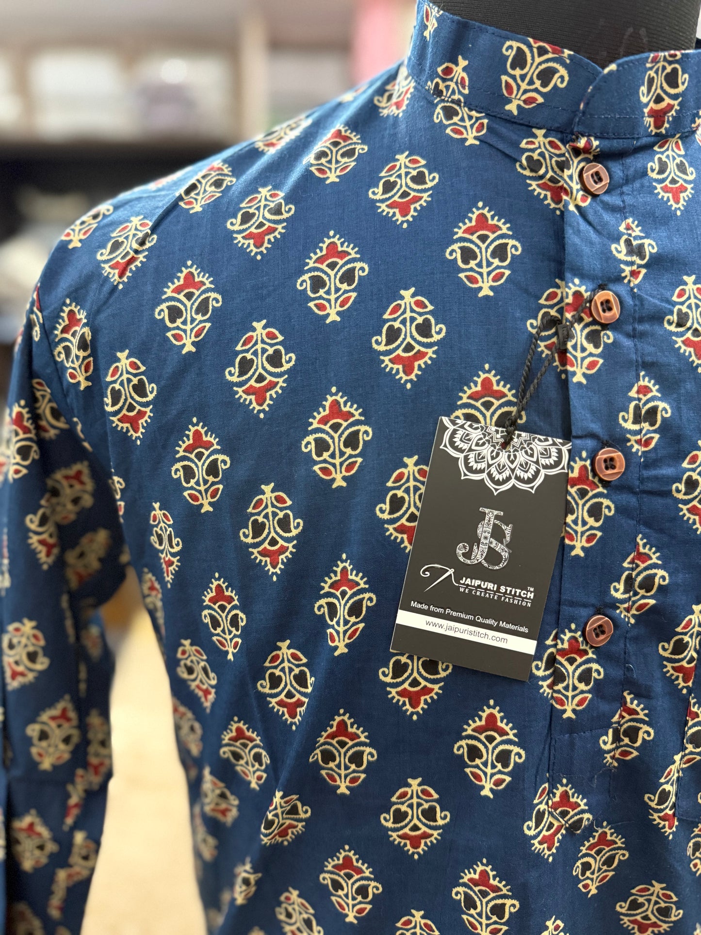 Blue Handblock Printed Full Sleeves Short Kurta for Men