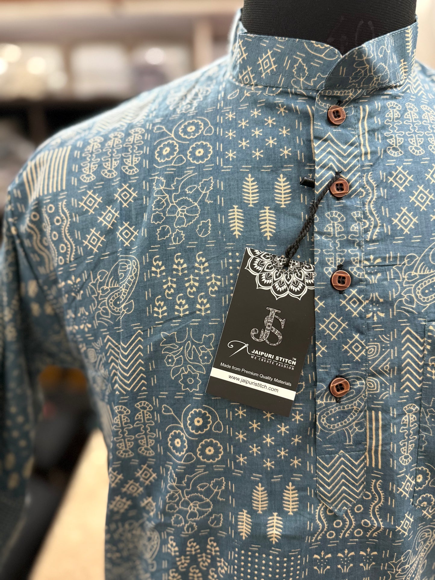 Indigo Patchwork Printed Full Sleeves Short Kurta for Men