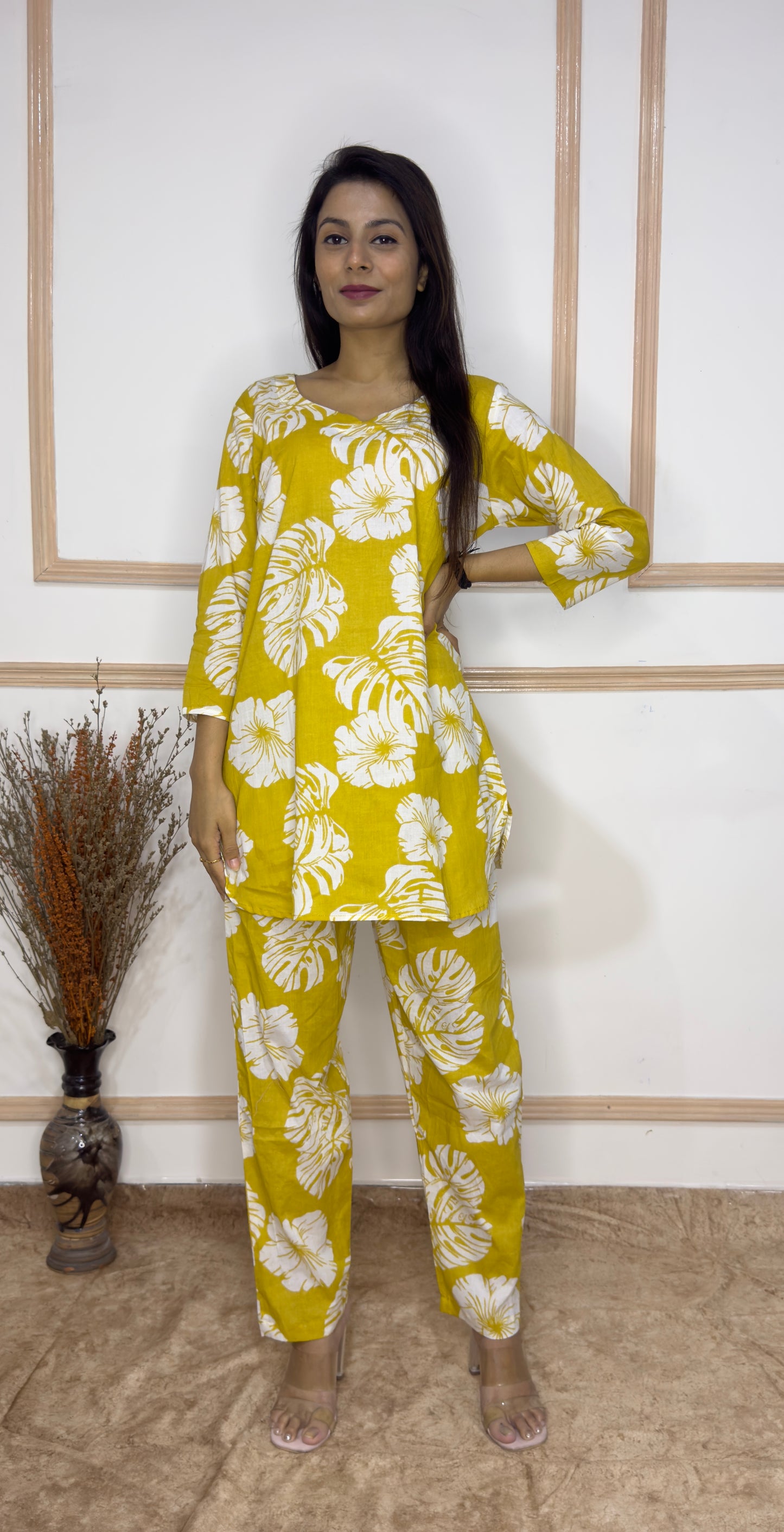 Mustard Palm Leaves printed Cotton Co-Ord set