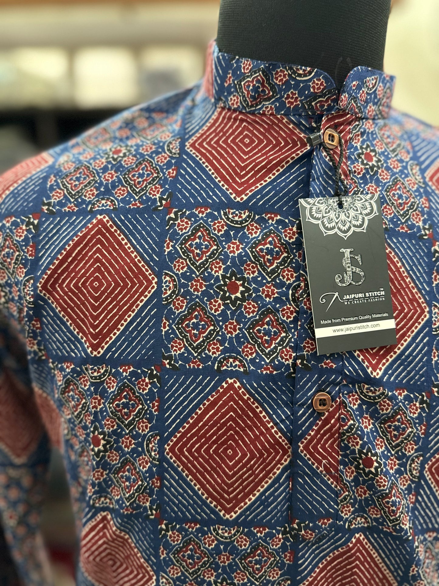 Blue And Red Geometric Printed Full Sleeves Long Kurta for Mens