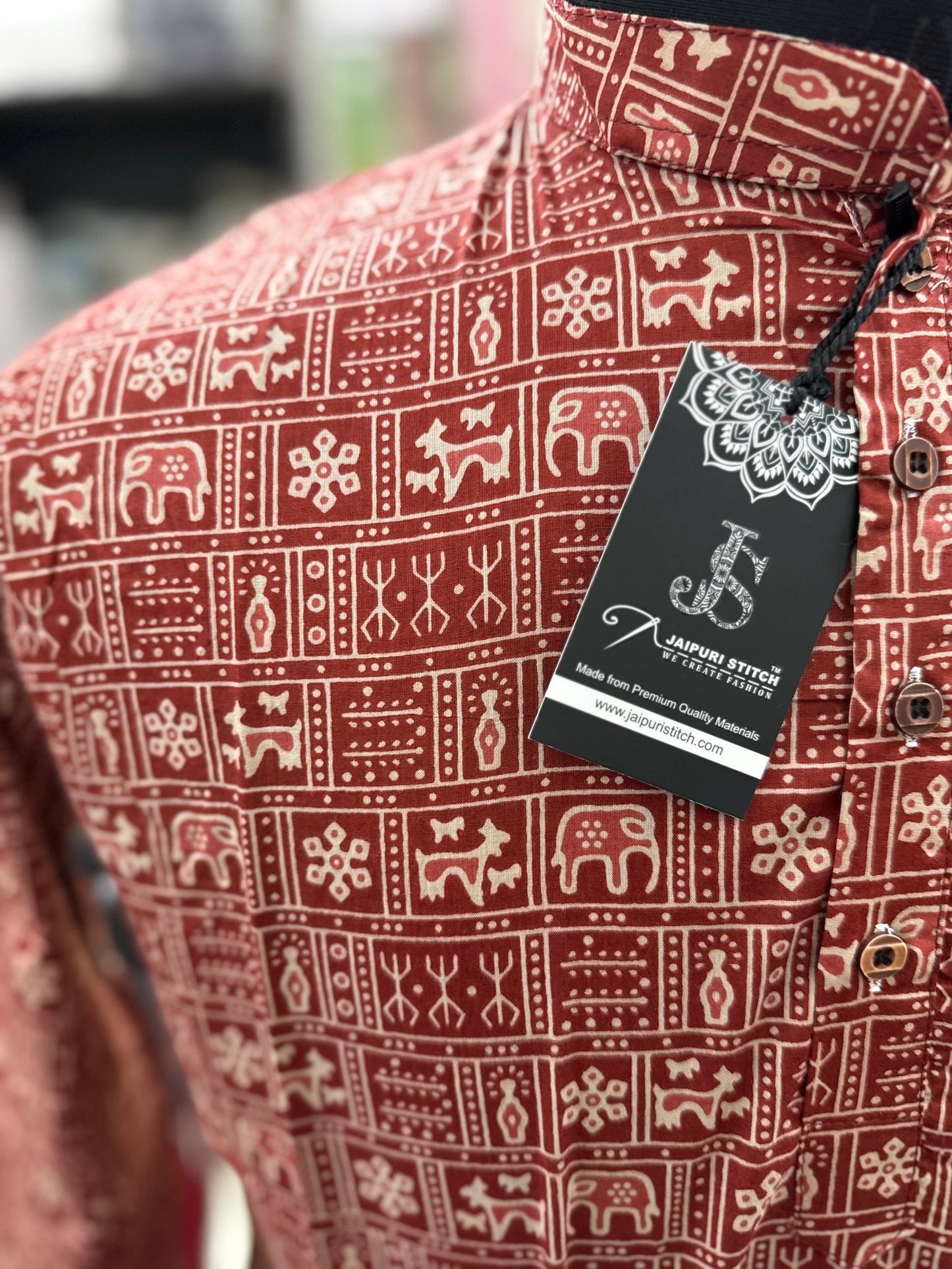 Rust Red Block Tiles Printed Full Sleeves Long Kurta for Men