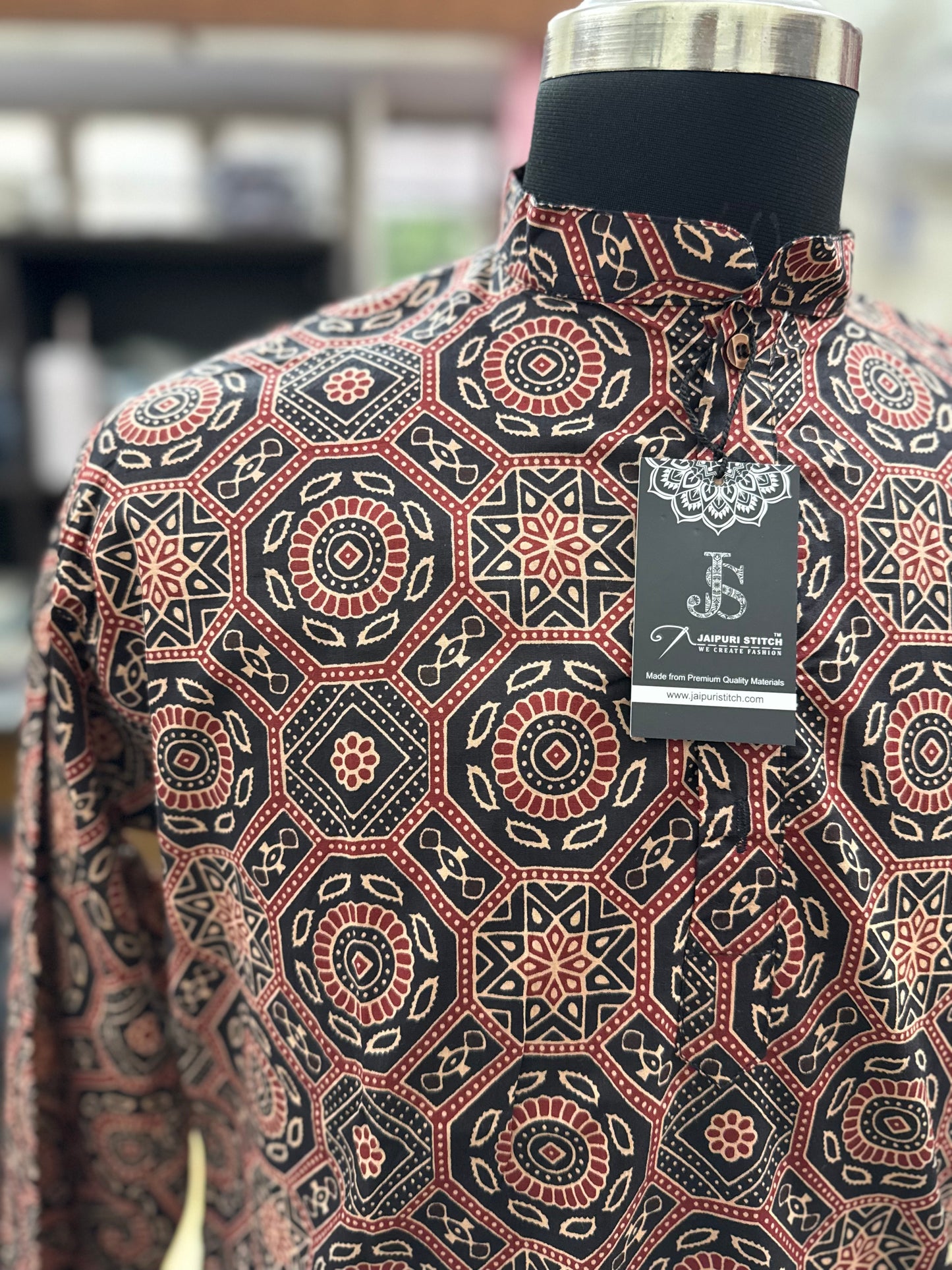 Black Ajrakh Mandala Printed Full Sleeves Long Kurta for Mens