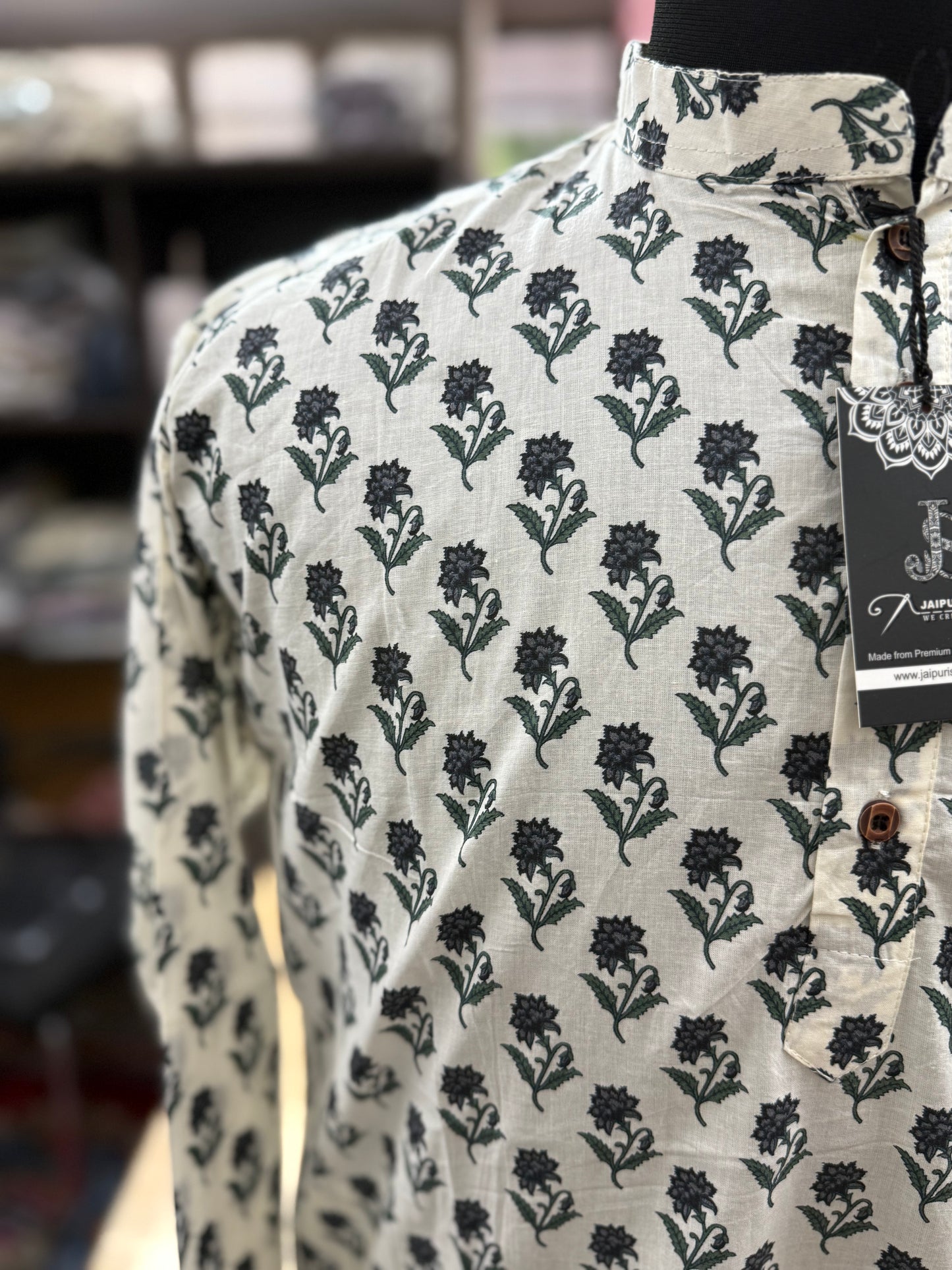 Ivory Black Booti Printed Full Sleeves long Kurta for Mens