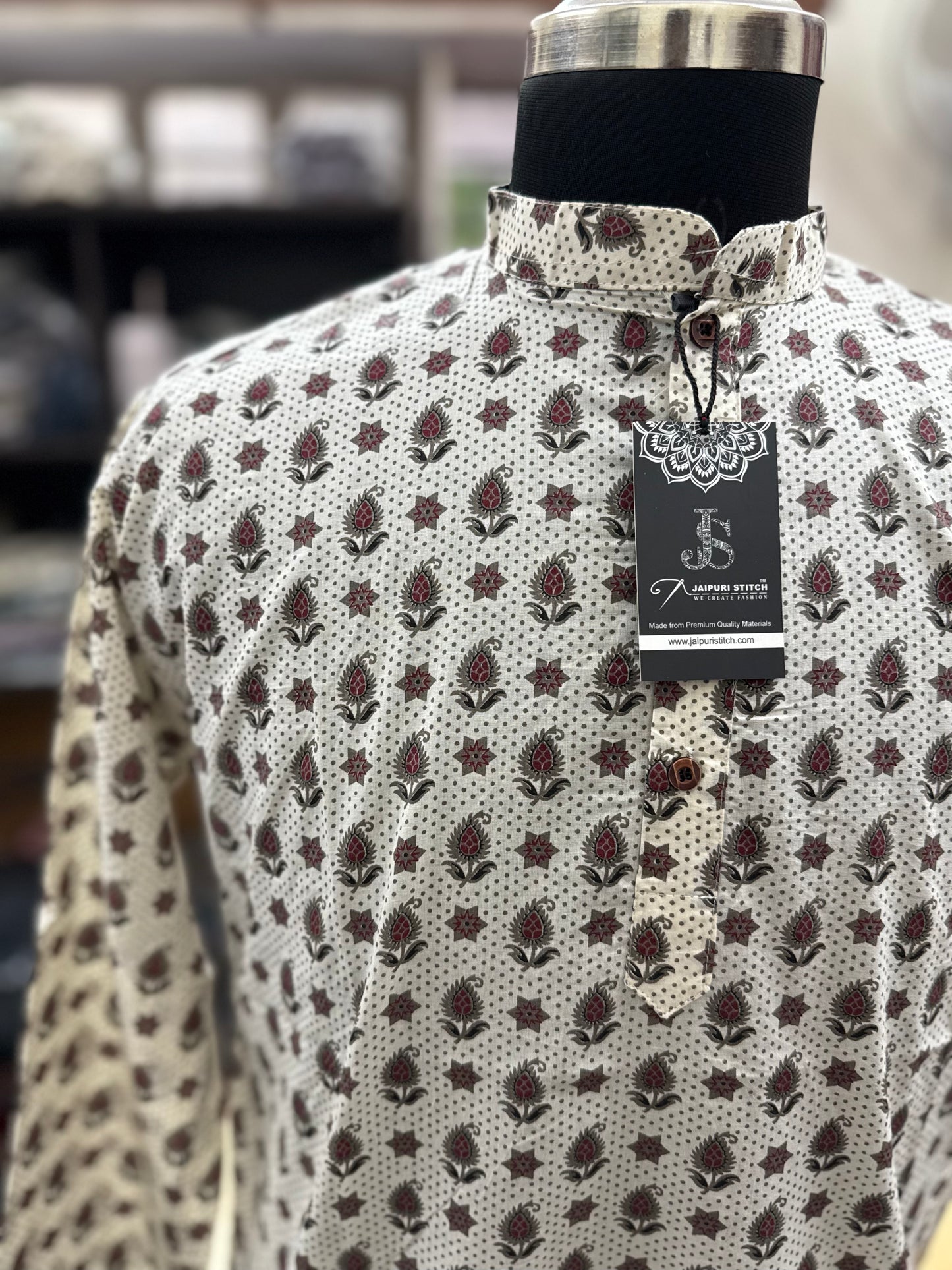 Ivory Maroon Boota Printed Full Sleeves Long Kurta for Men