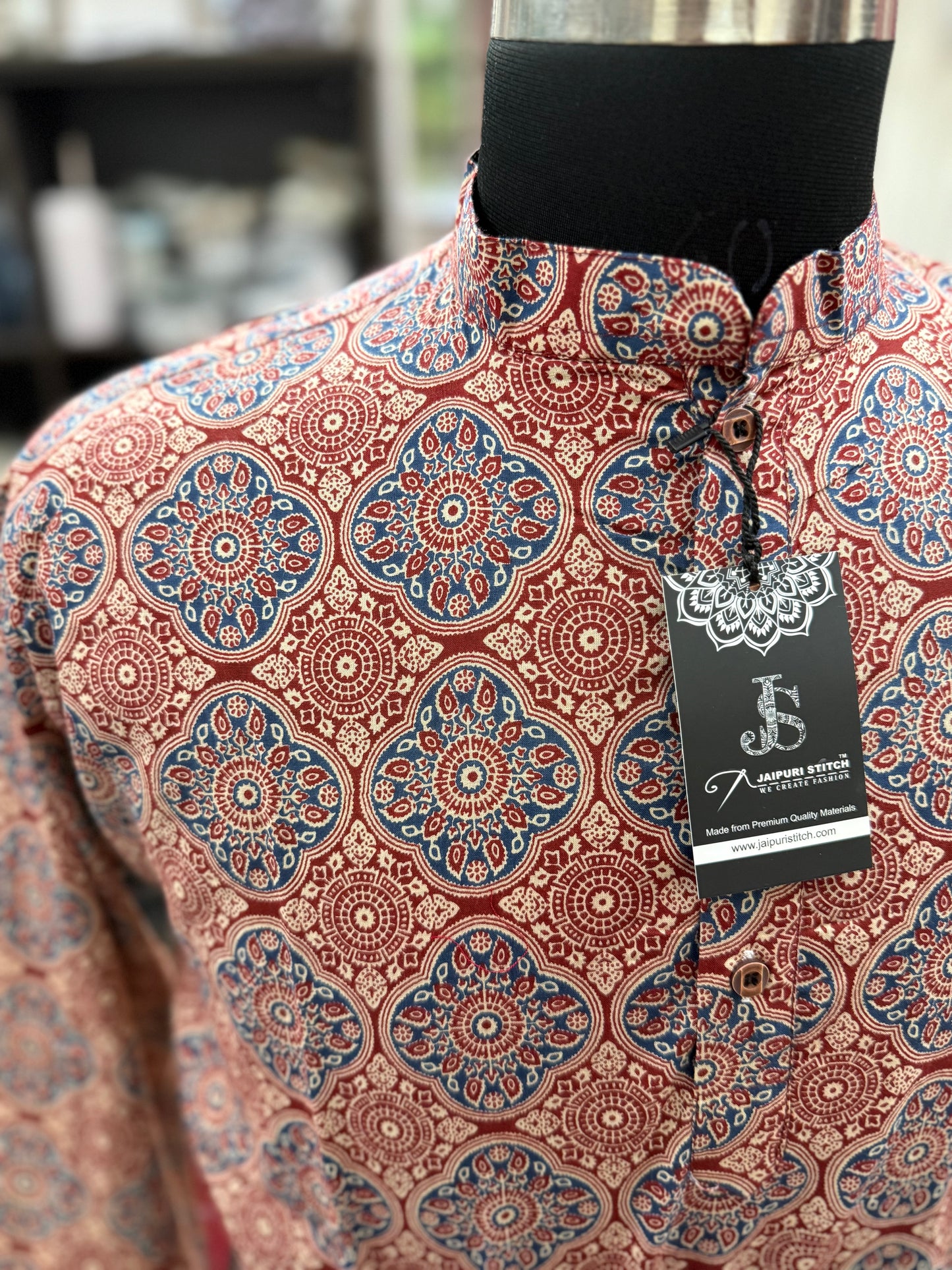 Maroon and Blue Ajrak Printed Full Sleeves Long Kurta for Men