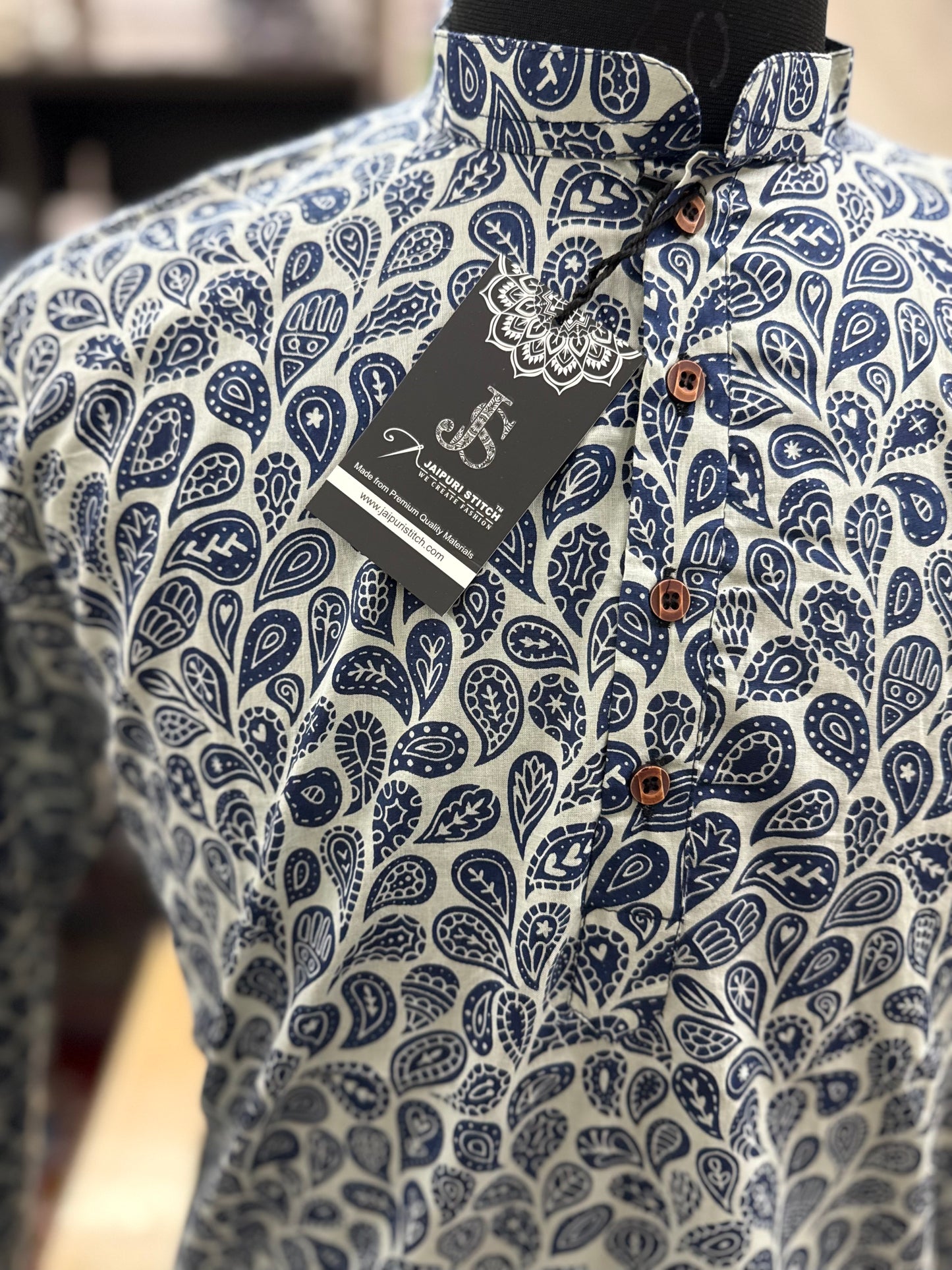 Indigo Paisley Vine Printed Full Sleeves Long Kurta for Men