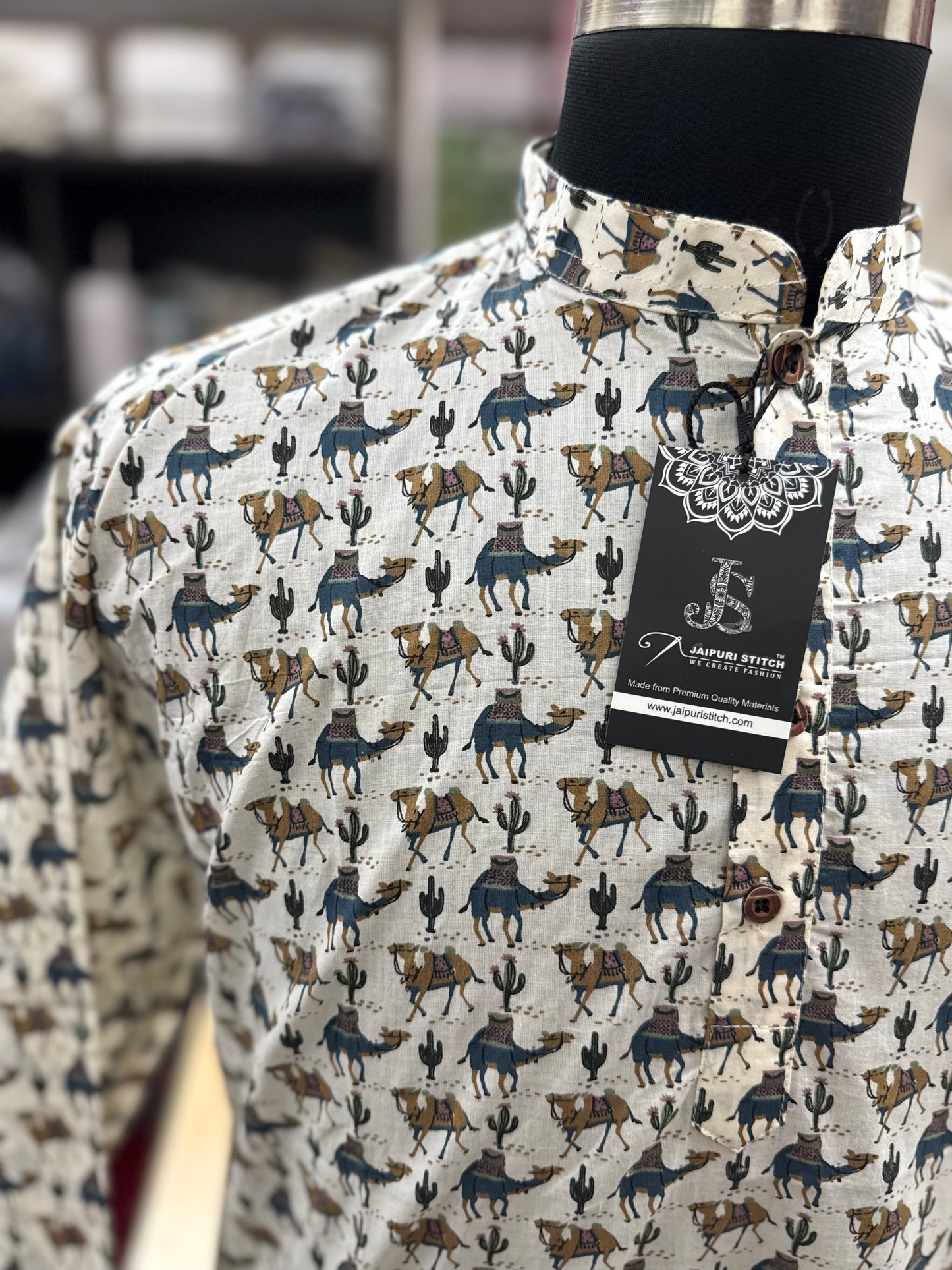 Ivory Camel Printed Full Sleeves long Kurta for Mens