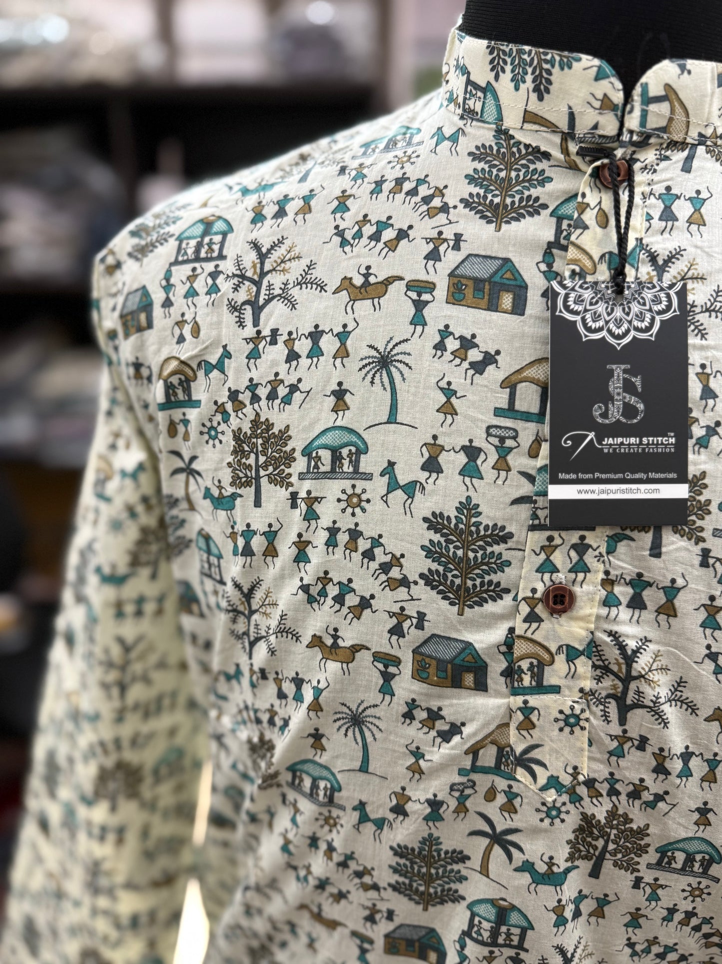 Ivory Warli Printed Full Sleeves Long Kurta for Men