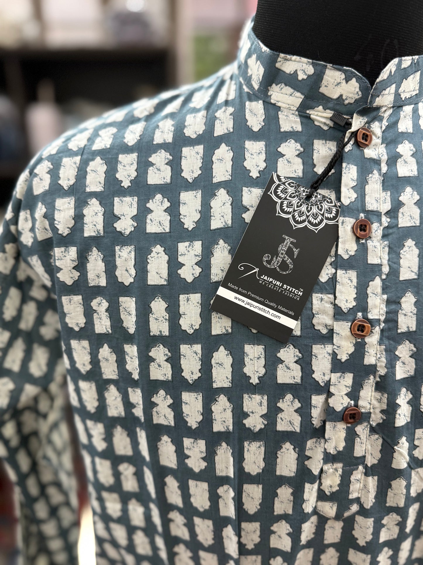 Grey Stamp Printed Full Sleeves long Kurta for Mens
