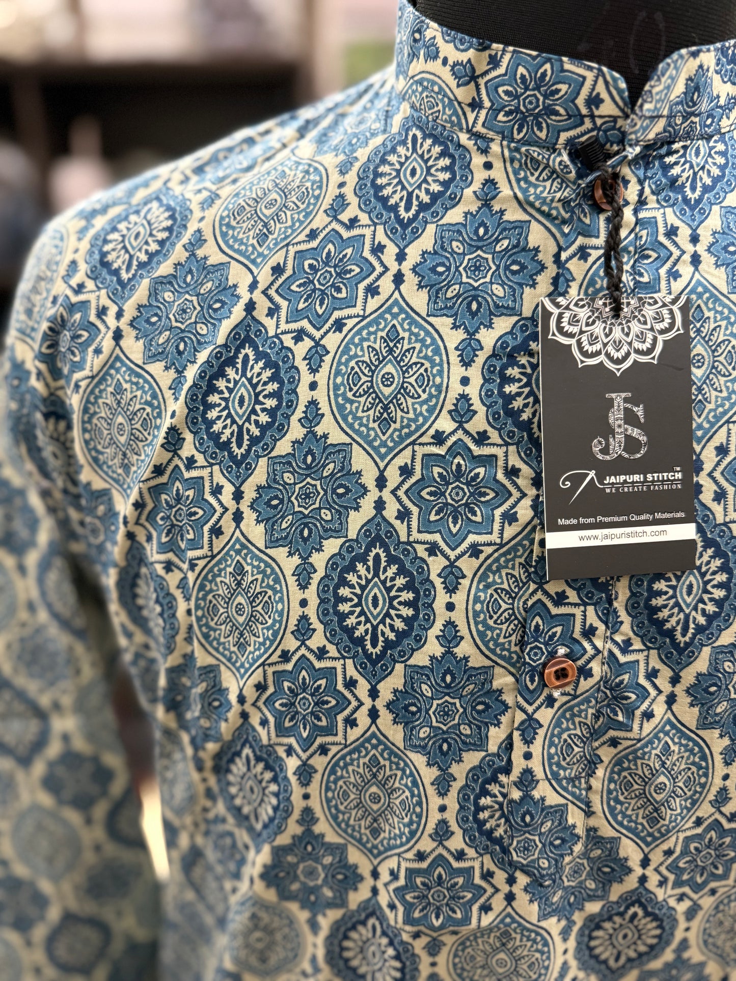 Blue Tile Printed Full Sleeves Long Kurta for Men