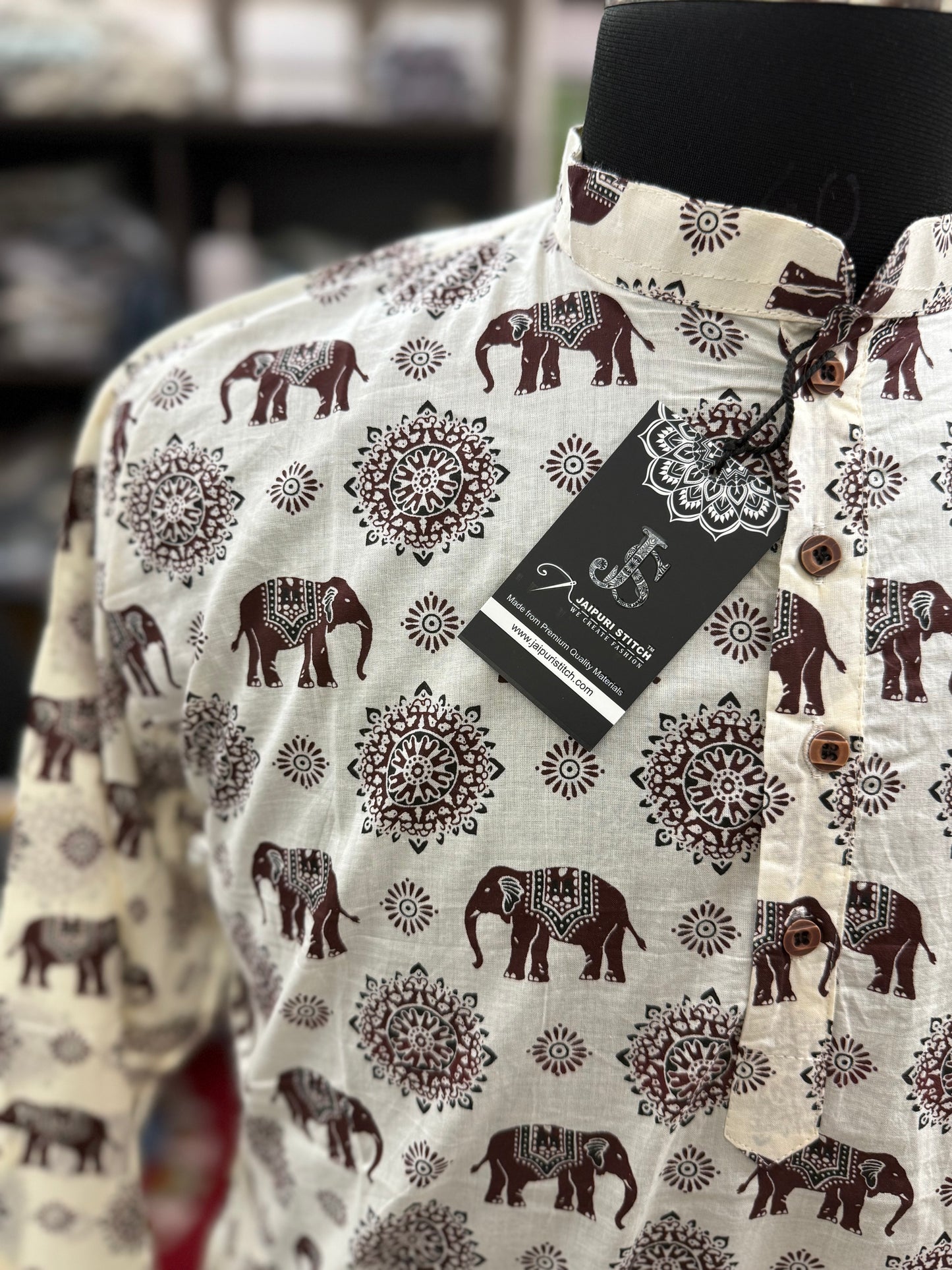 White and Maroon Elephant Printed Full Sleeves long Kurta for Mens