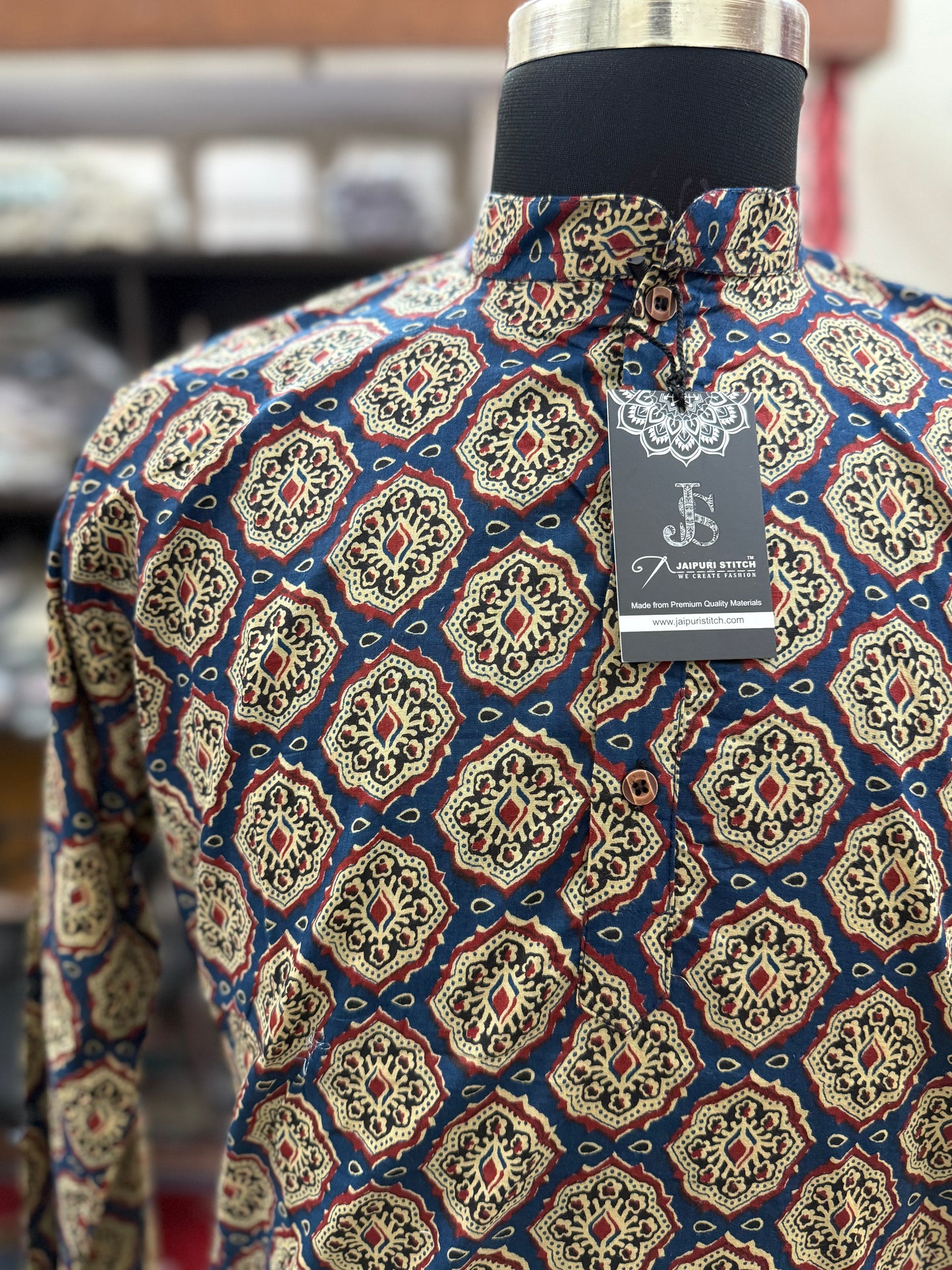 Blue Ajrak Jaal Printed Full Sleeves Long Kurta for Men