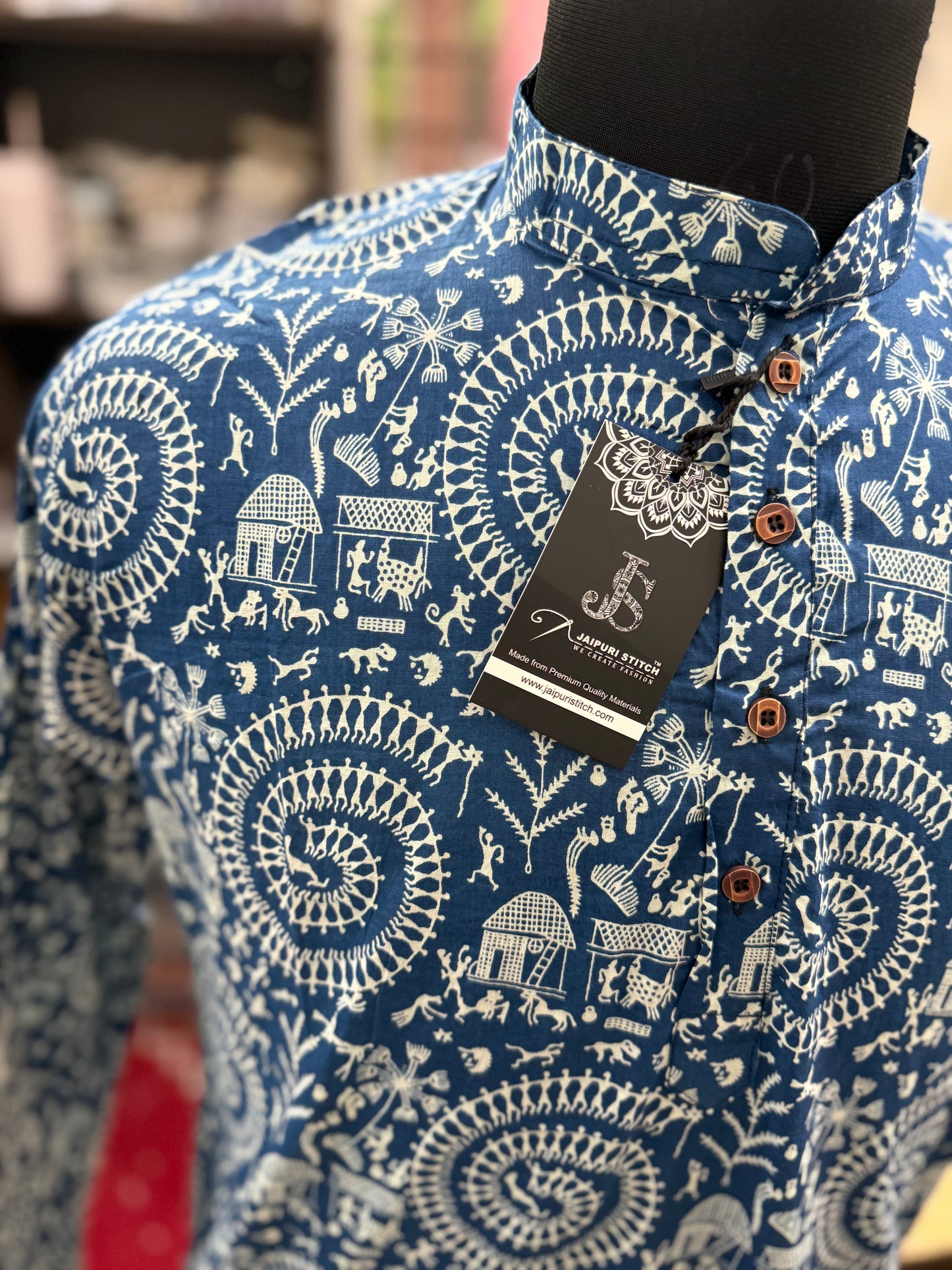 Blue Warli Printed Full Sleeves Long Kurta for Men