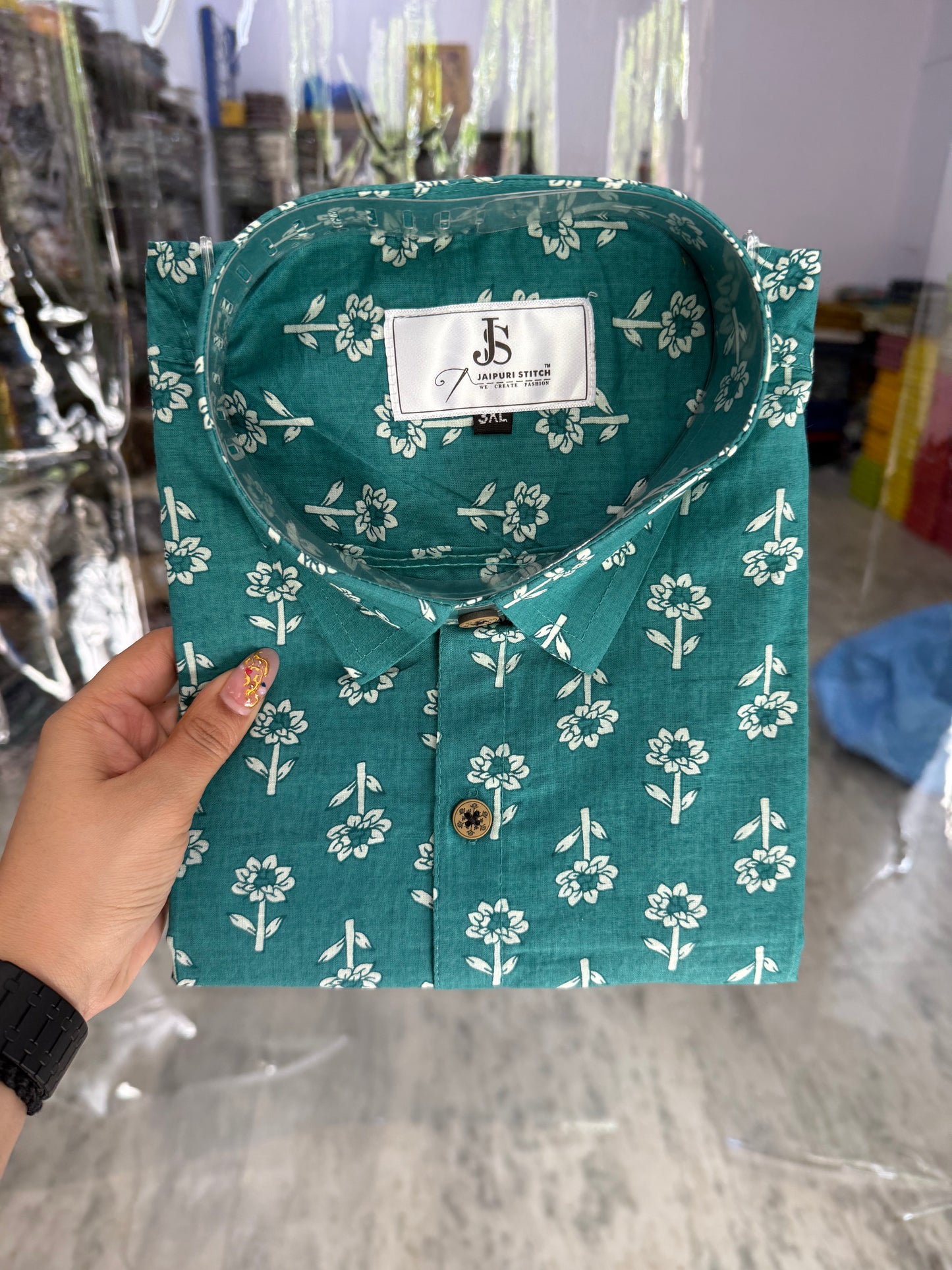Cyan Floral Booti Printed Men's Plus Size Cotton Shirt