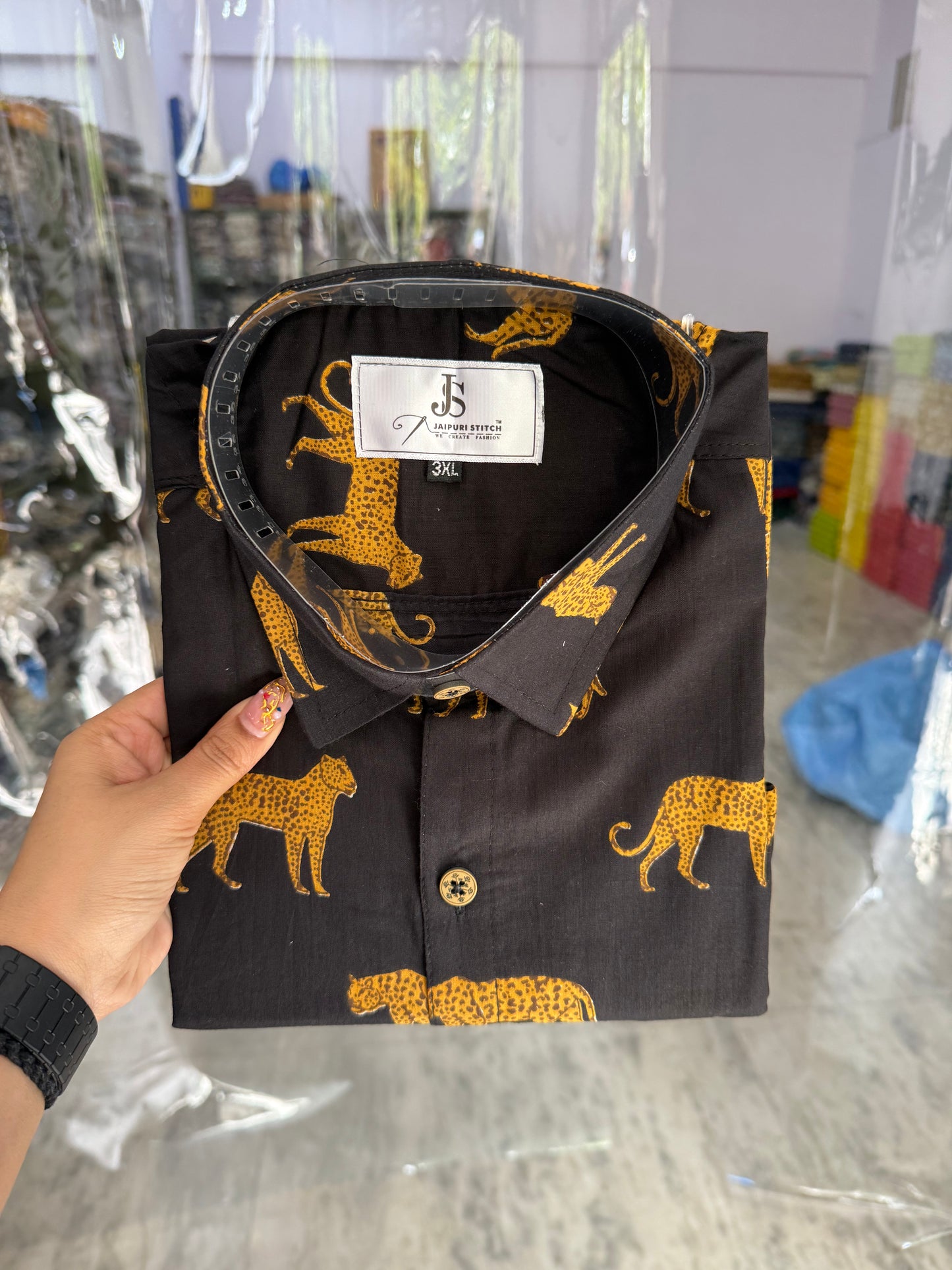Black Cheetah Motif Printed Plus Size Half Sleeves Cotton Shirt for Men