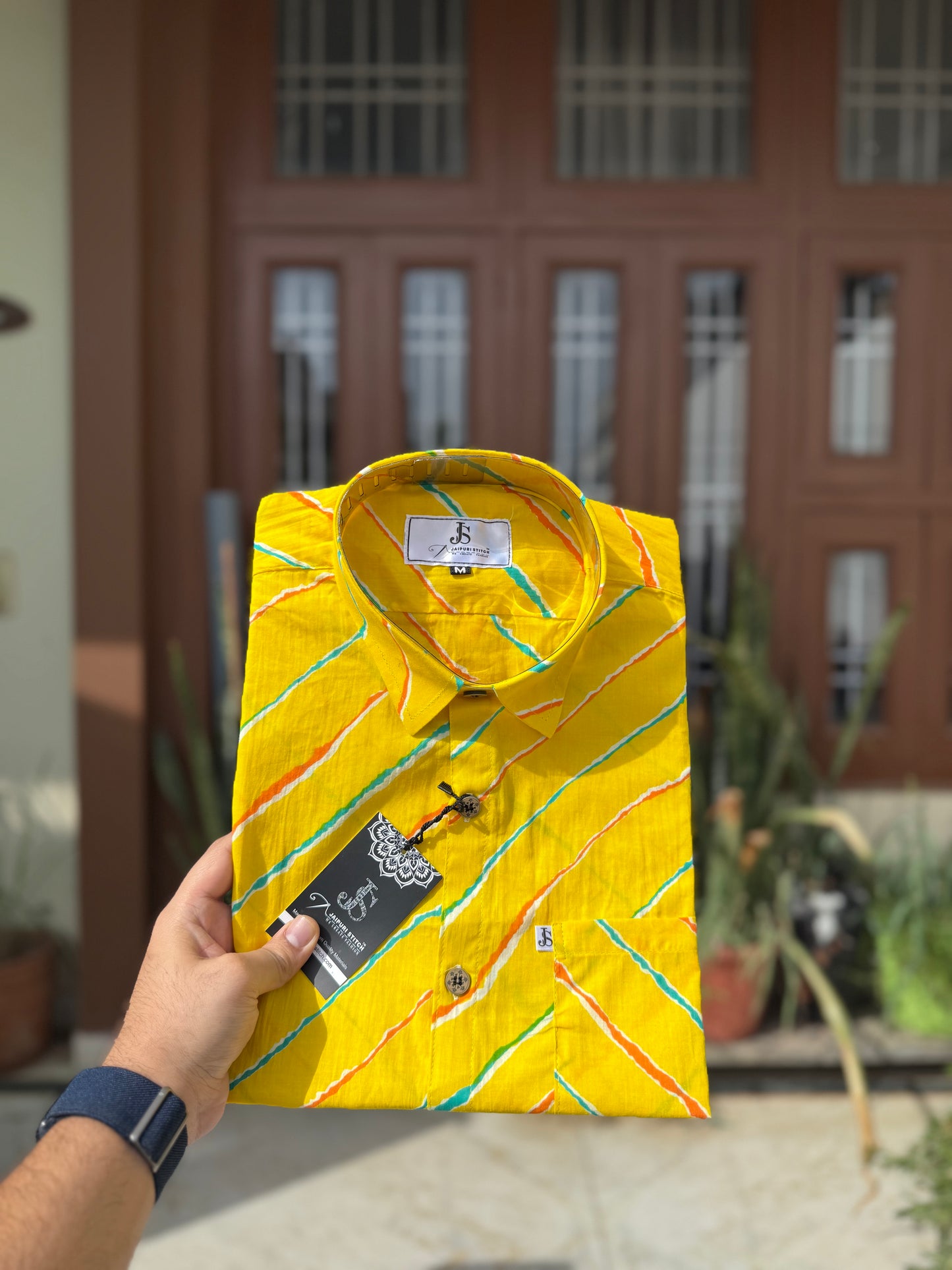 Yellow Lehariya Printed Mens Half Sleeves Cotton Shirt