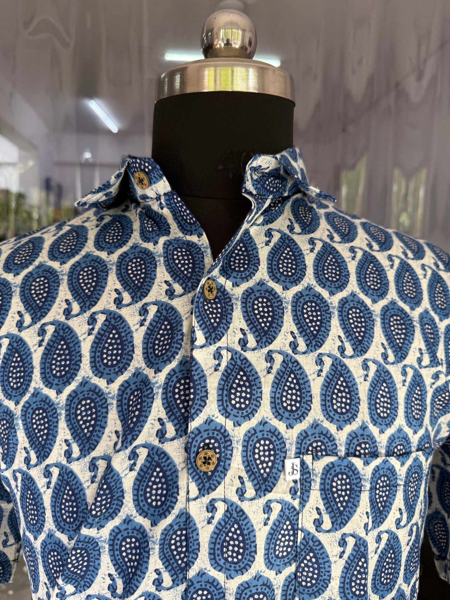 Blue Paisley Hand Block Printed Half Sleeves Cotton Shirt for Men