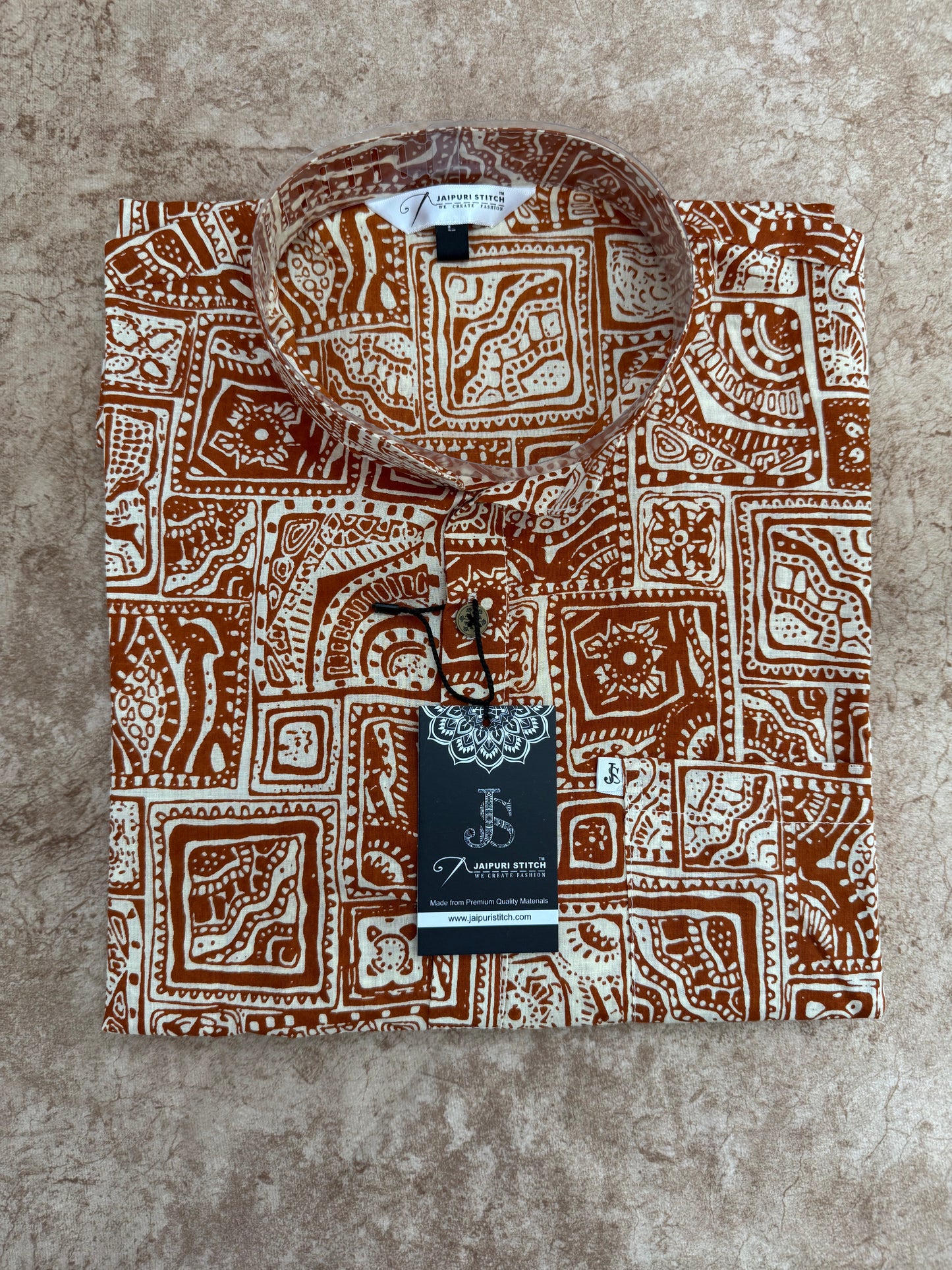 Orange Ajrak Geometric Printed Full Sleeves Short Kurta for Men