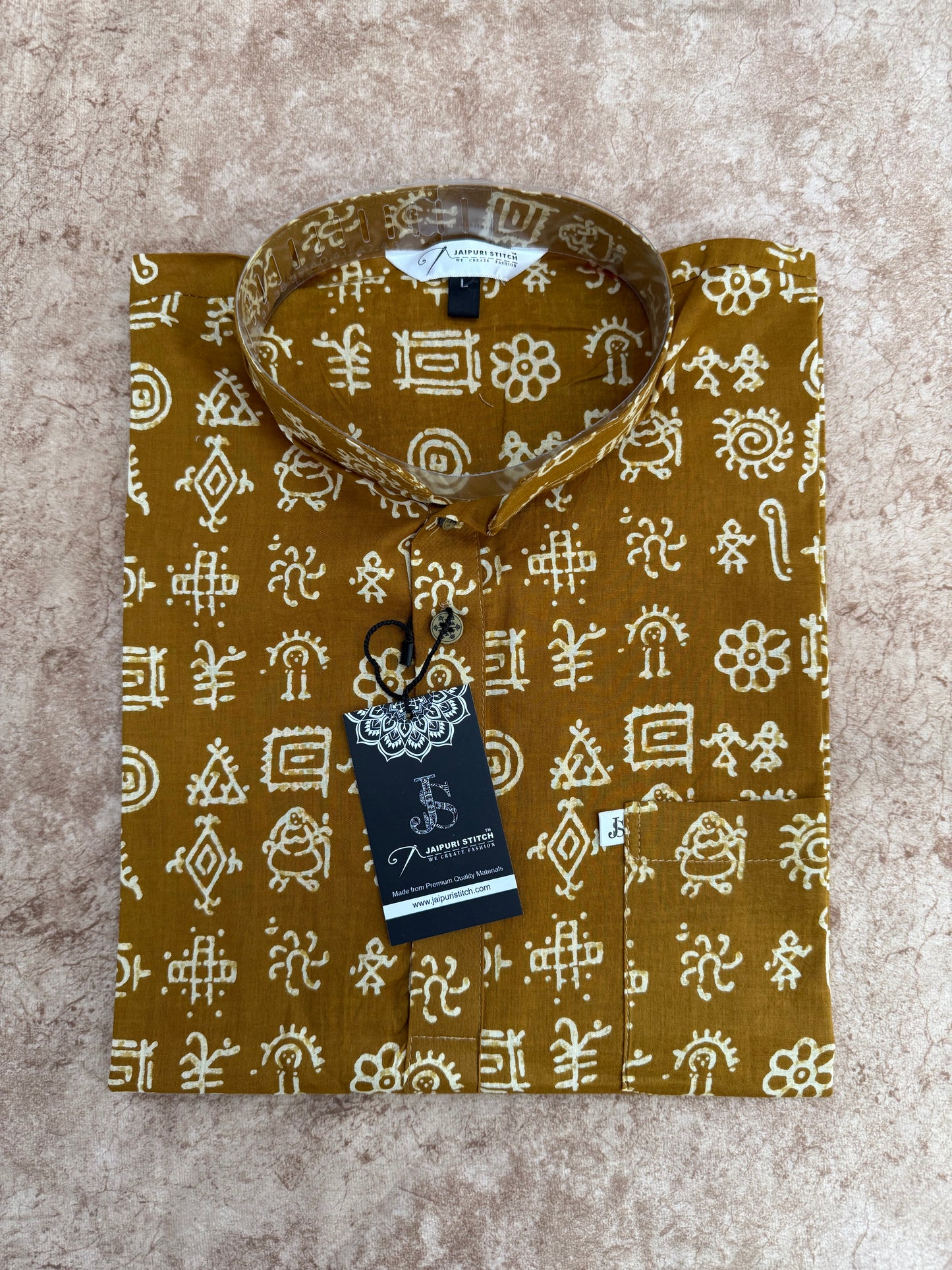 Mustard Tribal Print Full Sleeves Short Kurta for Men