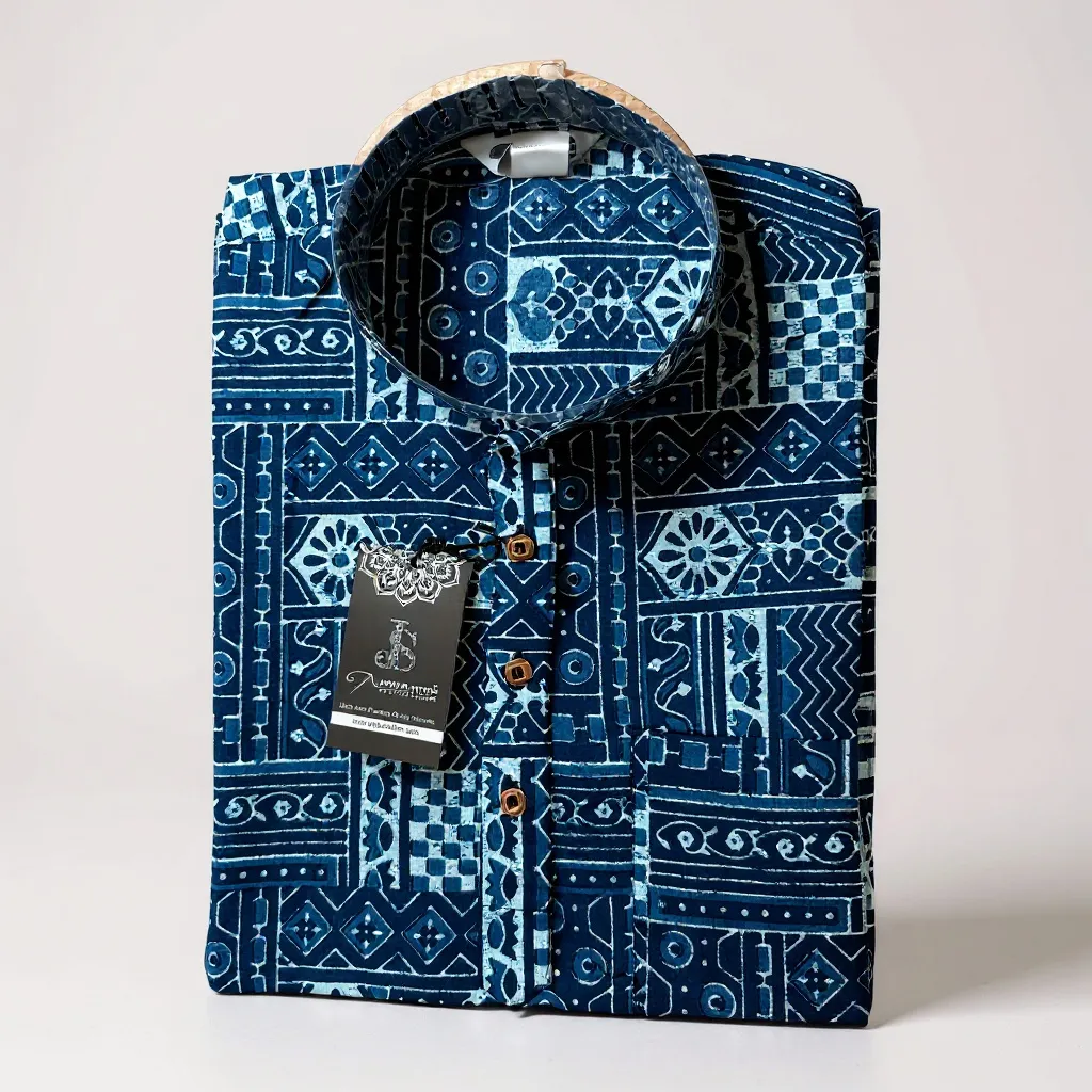 Blue Geometric Dabu Block Printed Full Sleeves Short Kurta for Men