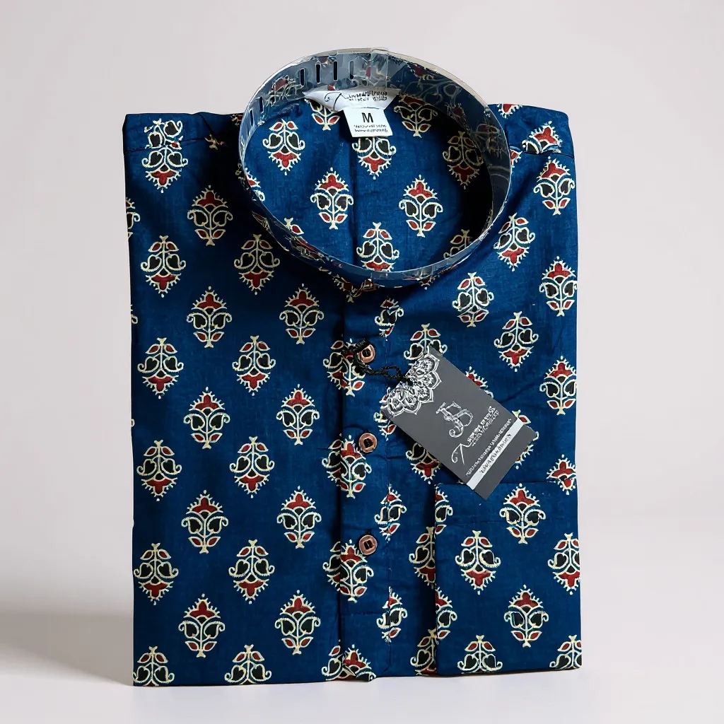 Blue Handblock Printed Full Sleeves Short Kurta for Men