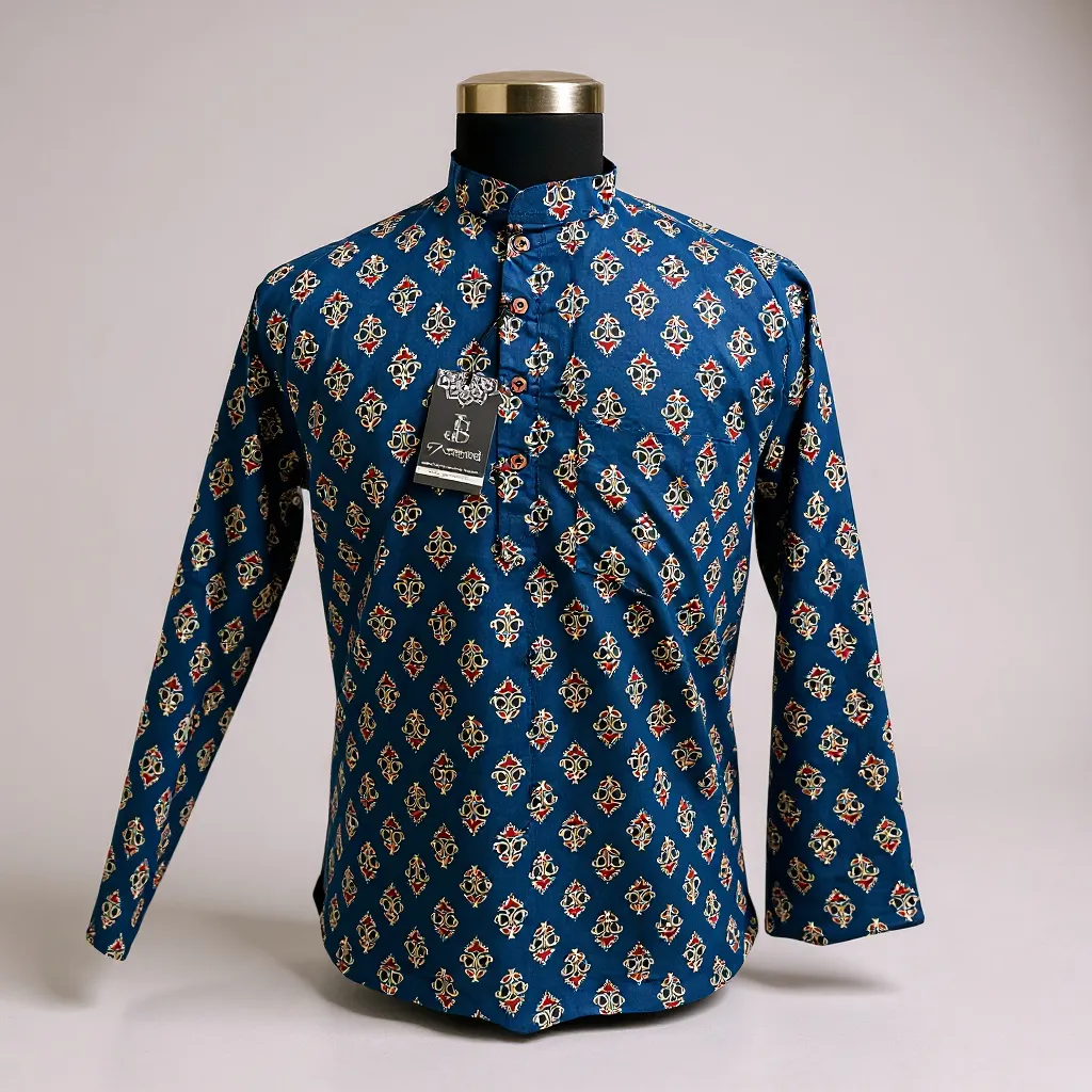 Blue Handblock Printed Full Sleeves Short Kurta for Men