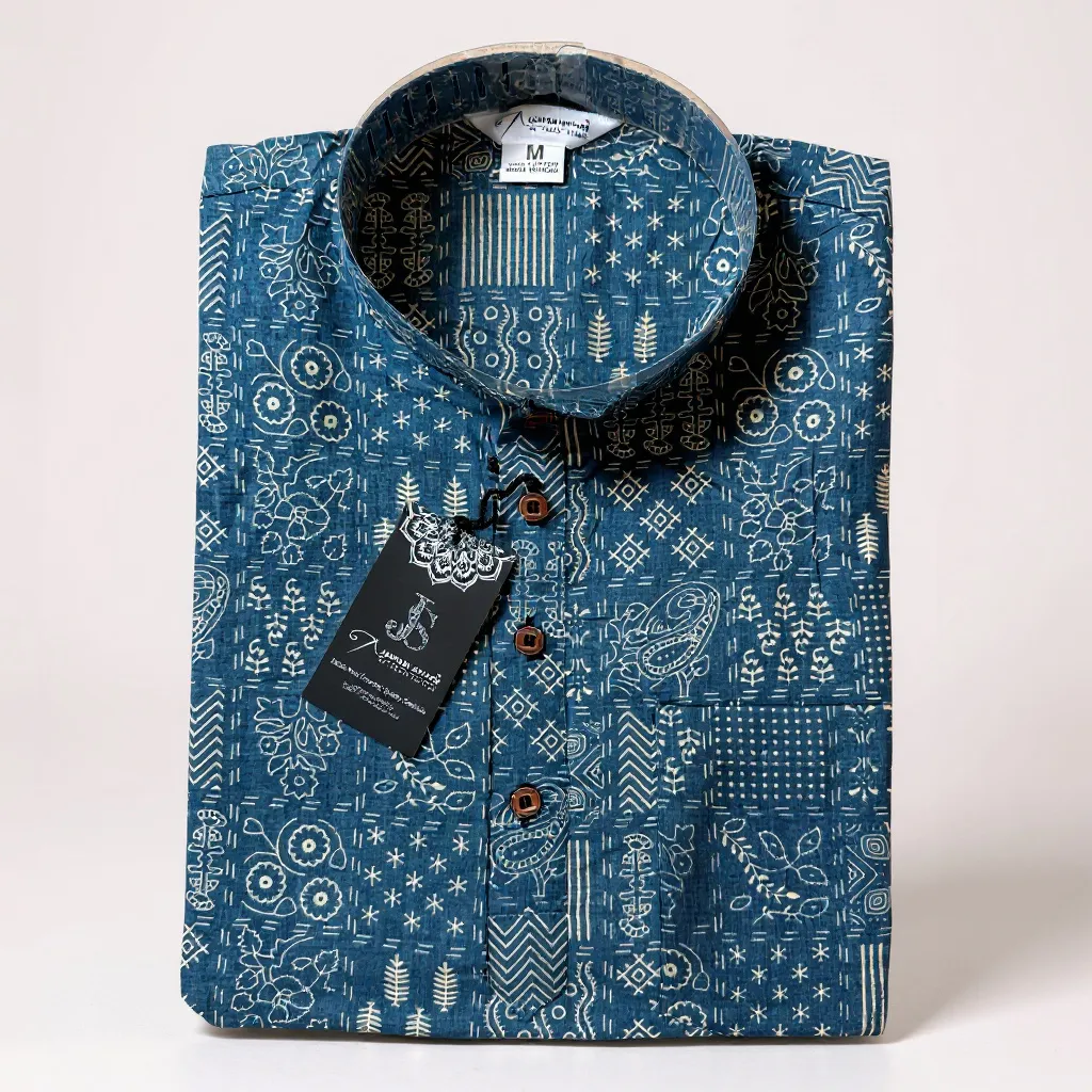 Indigo Patchwork Printed Full Sleeves Short Kurta for Men