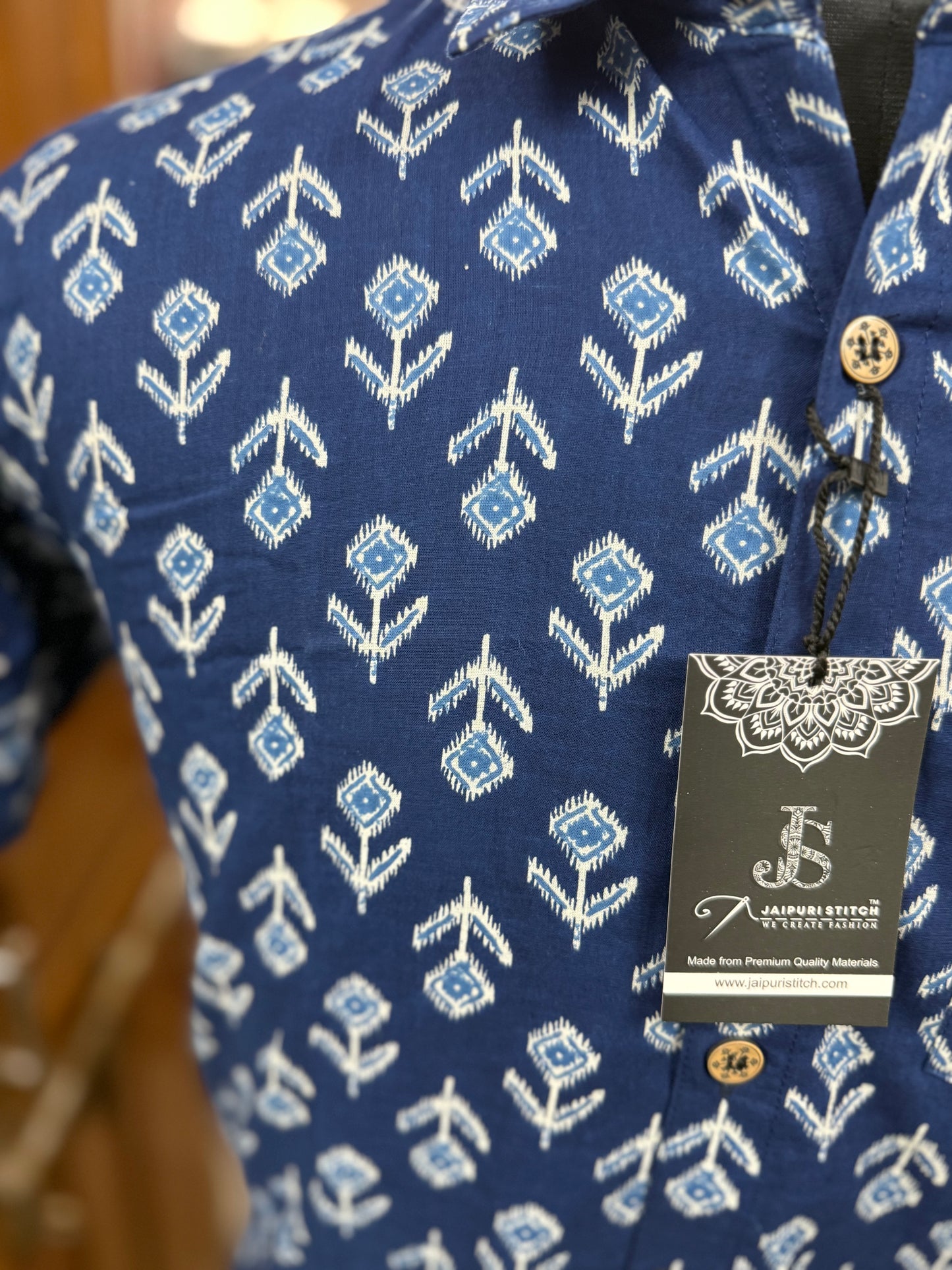 Navy Blue Floral Boota Plus Size Mens Half Sleeves Cotton Shirt