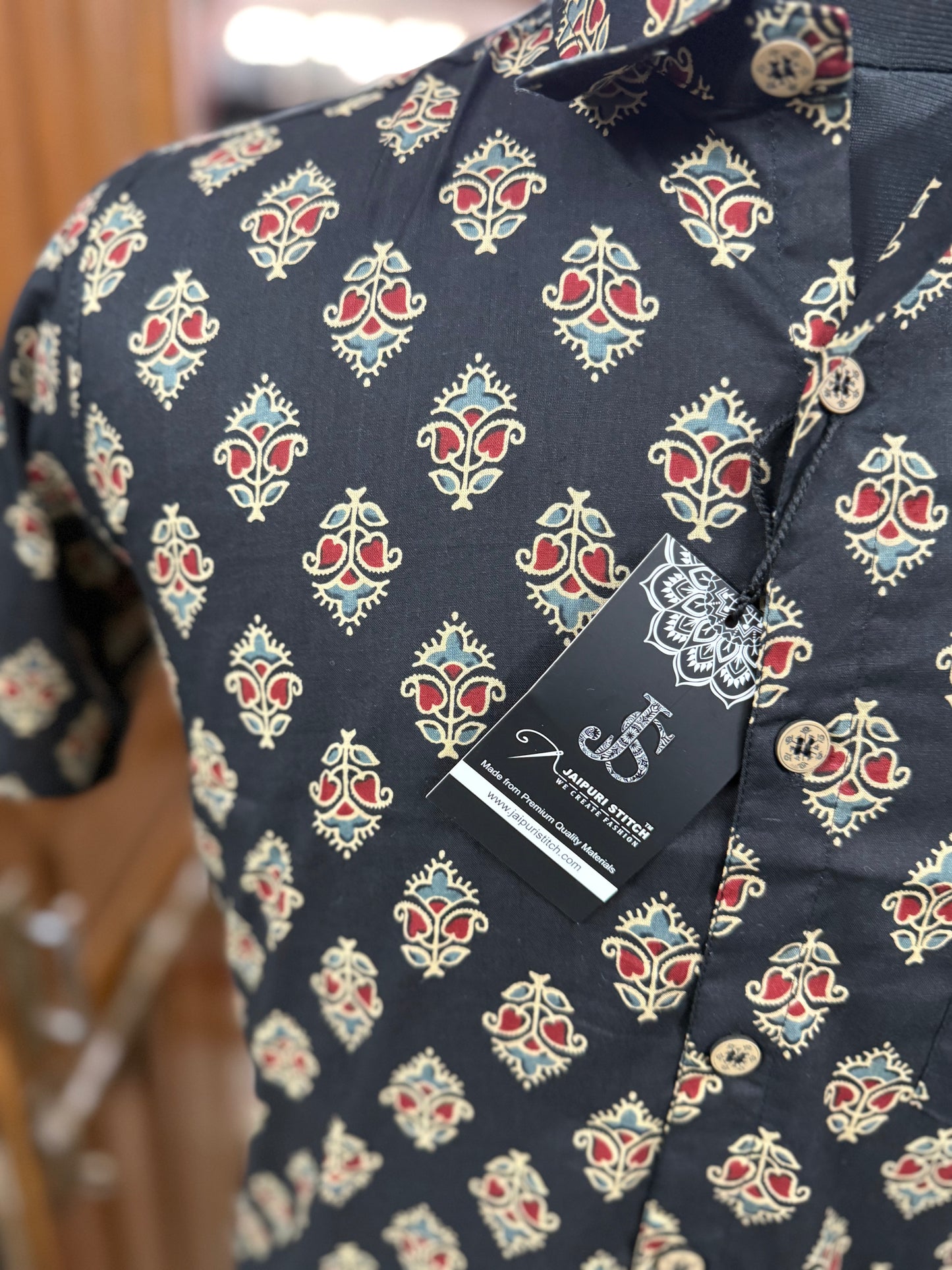 Black Mughal block printed Plus Size Mens Half Sleeves Cotton Shirt
