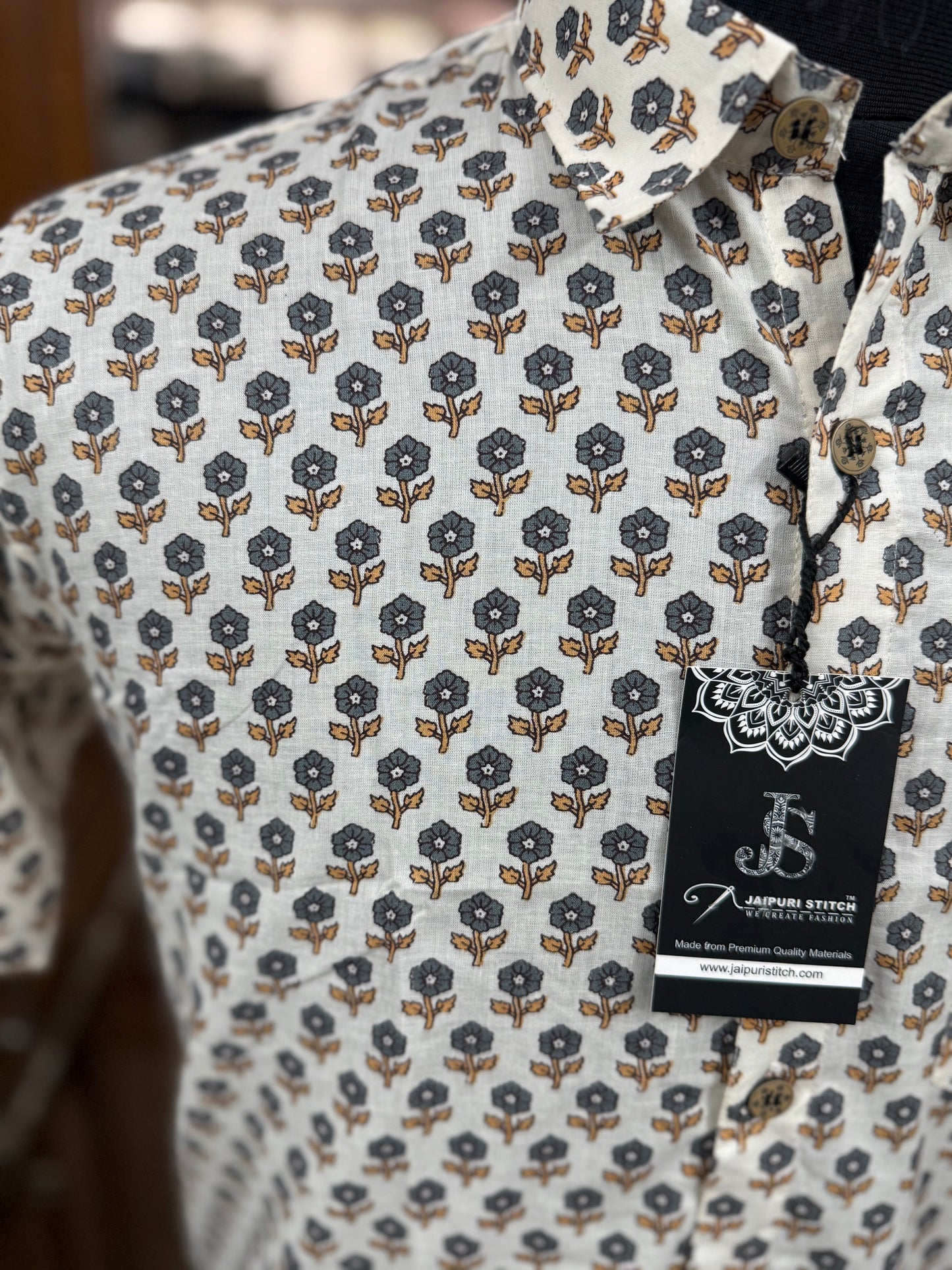 Ivory Floral Boota Print Plus Size Mens Half Sleeves Cotton Shirt