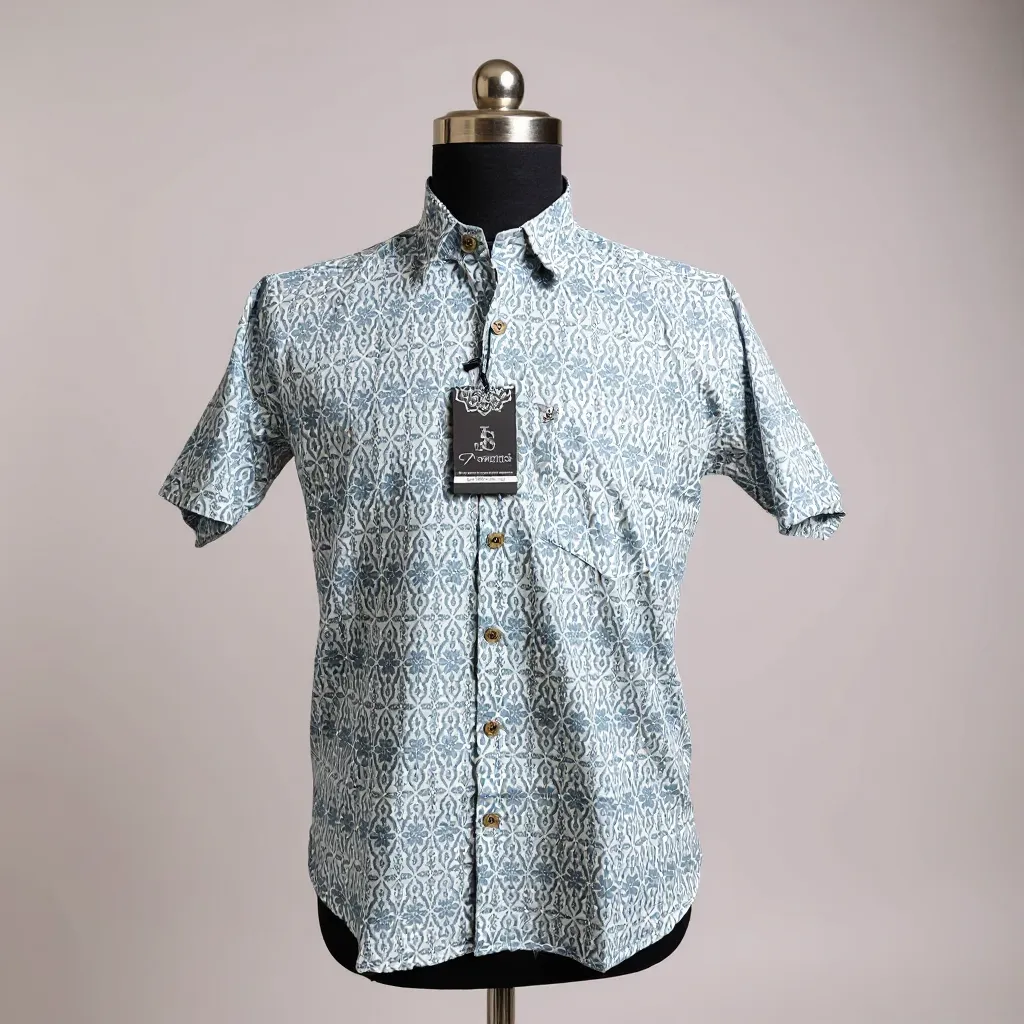 Grey Ikat Print Plus Size Mens Half Sleeves Cotton Shirt