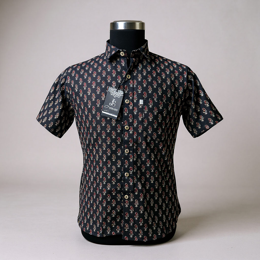 Black Paisley Boota Plus Size Mens Half Sleeves Cotton Shirt