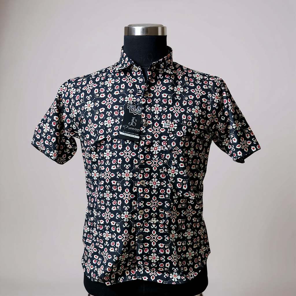 Black Geometric Jaal Plus Size Mens Half Sleeves Cotton Shirt