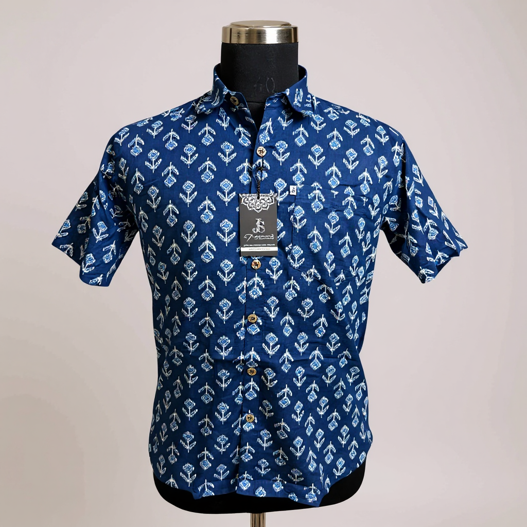 Navy Blue Floral Boota Plus Size Mens Half Sleeves Cotton Shirt