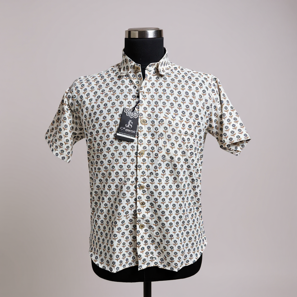 Ivory Floral Boota Print Plus Size Mens Half Sleeves Cotton Shirt