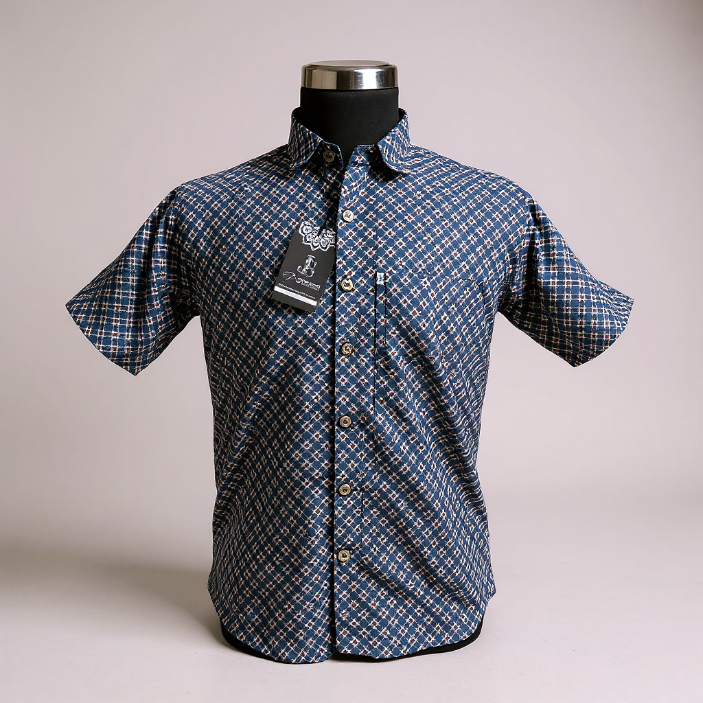 Blue small square Plus Size Mens Half Sleeves Cotton Shirt