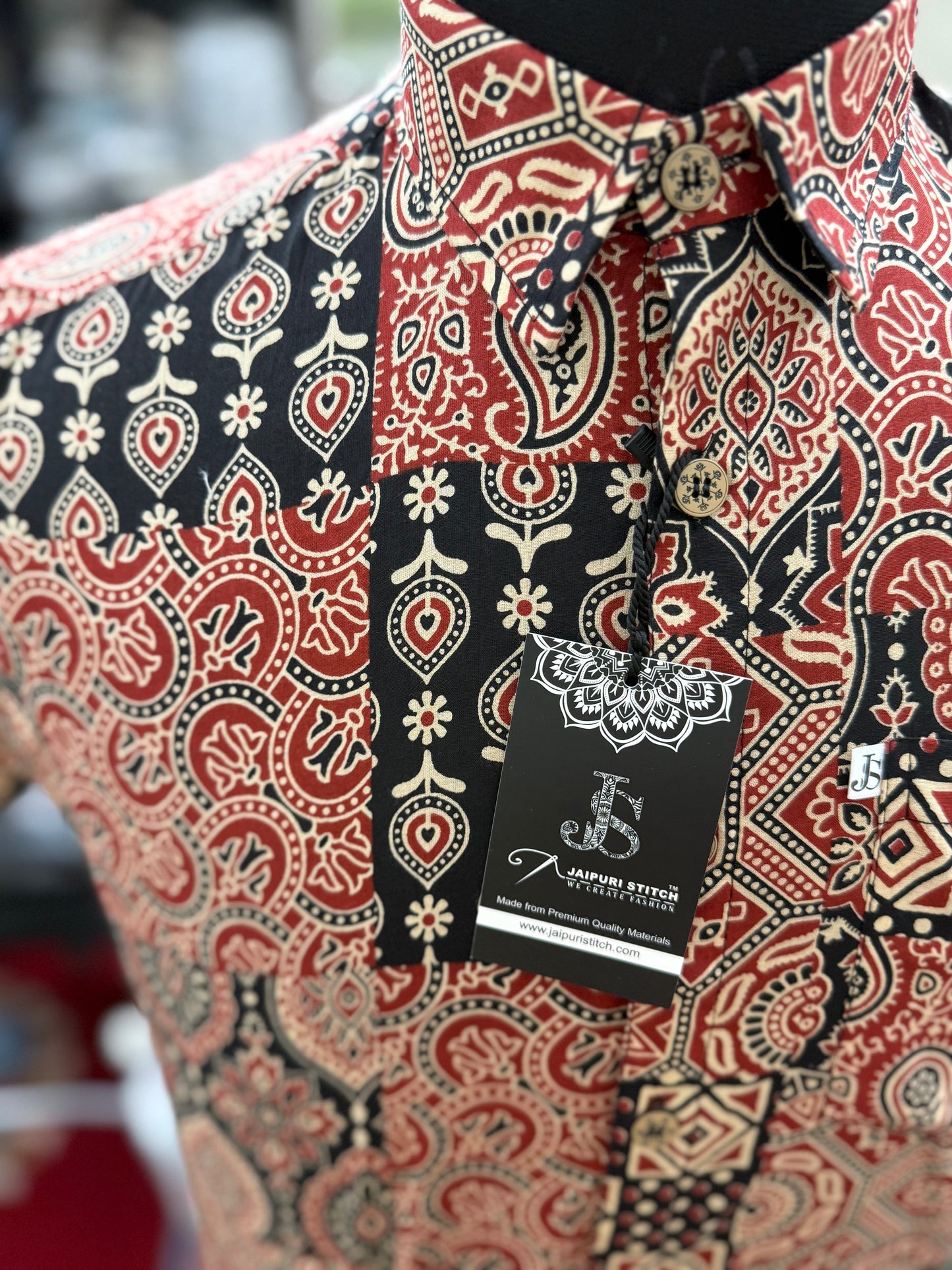 Red Ajrakh Patchwork Printed Mens Half Sleeves Cotton Shirt