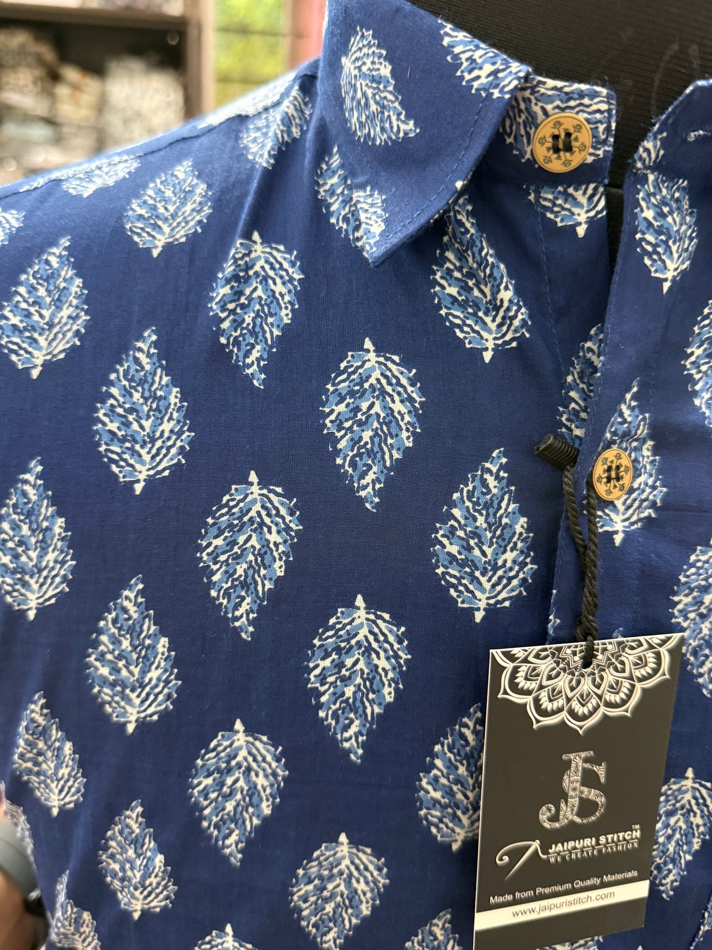 Blue Leaf Motif Printed Mens Half Sleeves Cotton Shirt