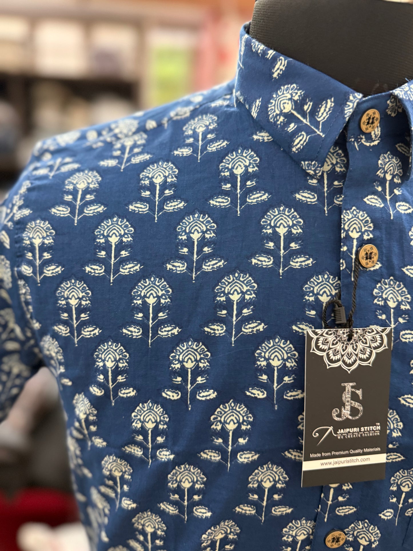 Blue Tree Motif Printed Mens Half Sleeves Cotton Shirt