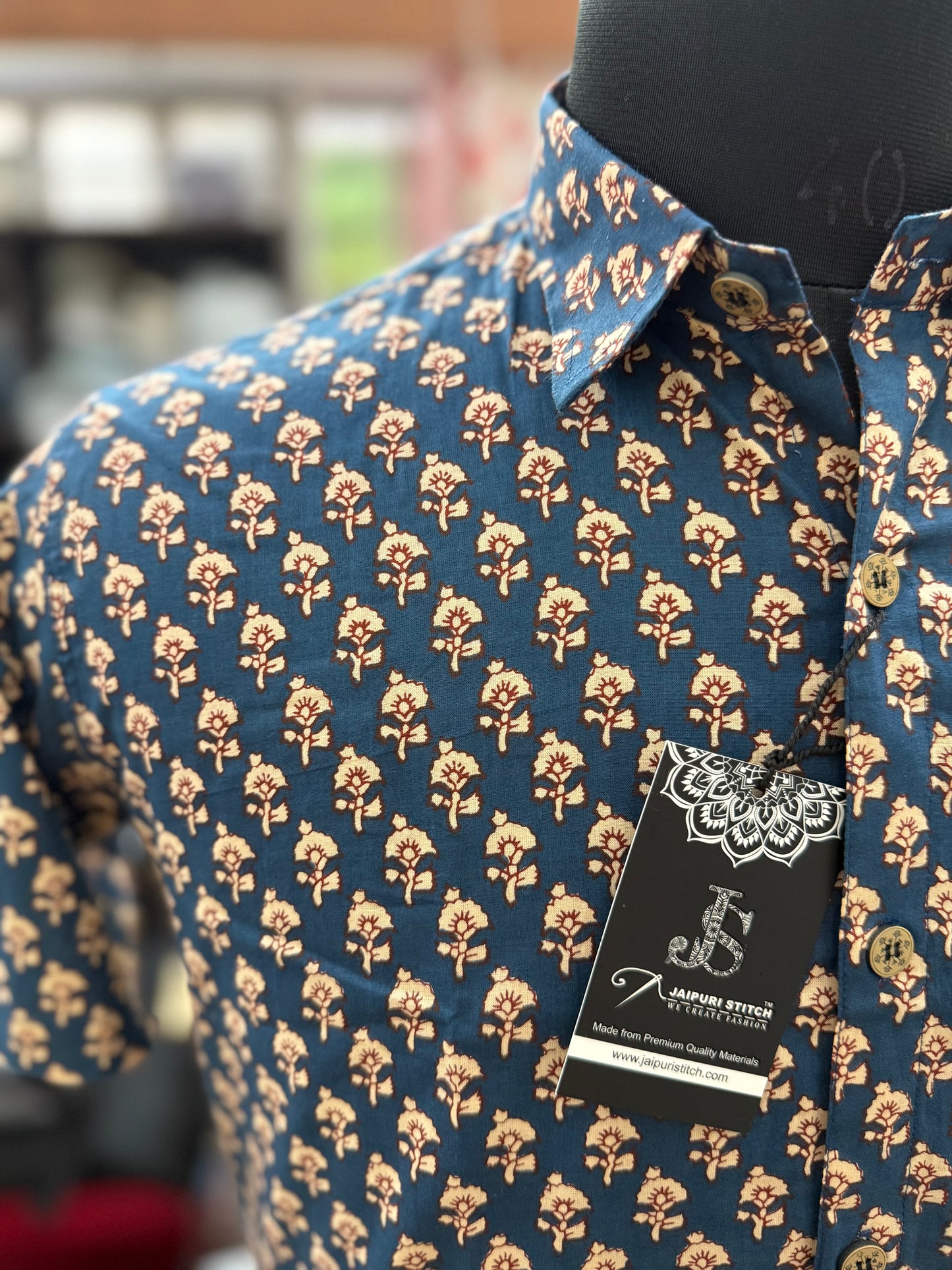 Blue and white small flower Printed Mens Half Sleeves Cotton Shirt