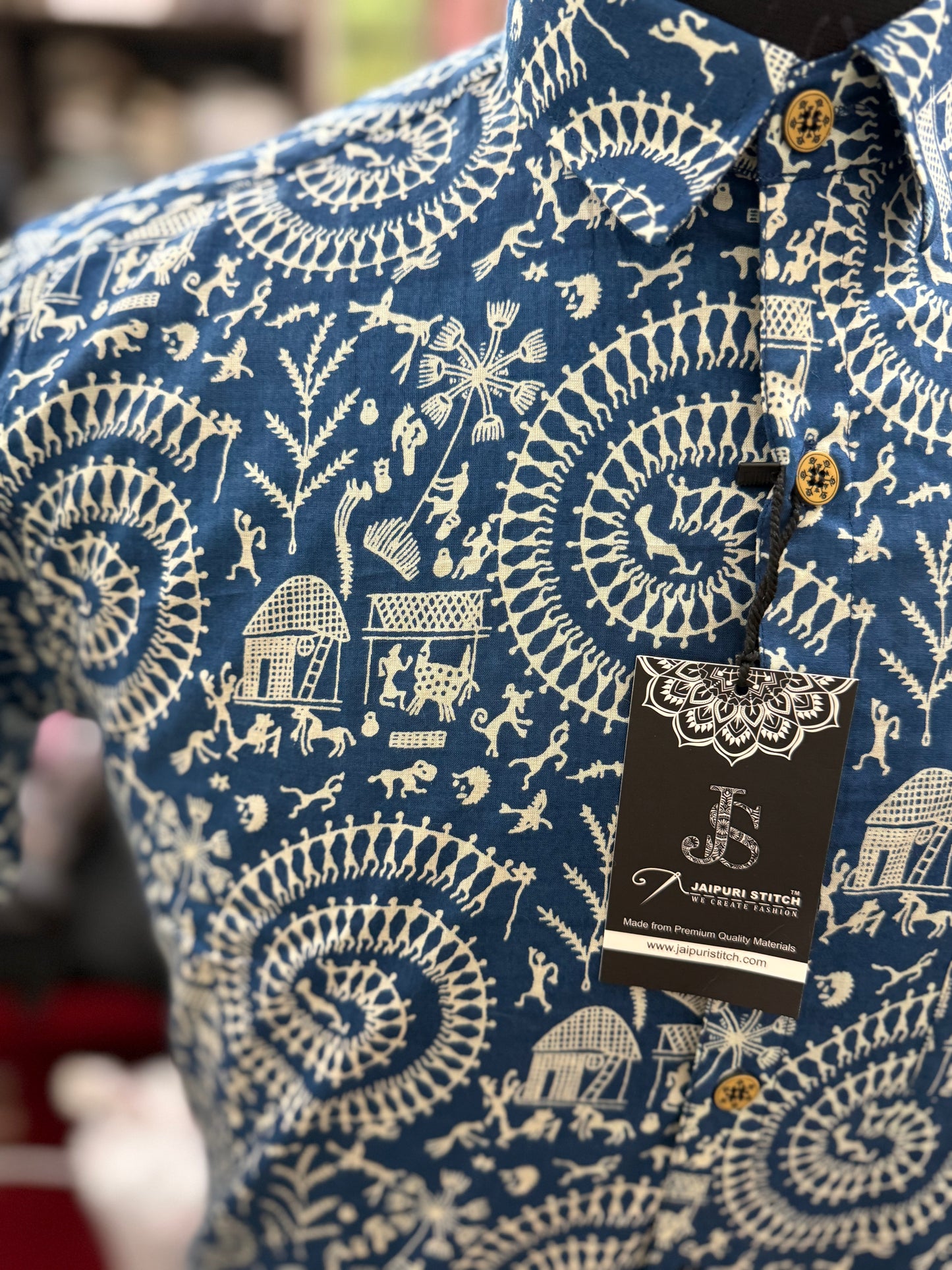 Blue Warli Spiral Printed Mens Half Sleeves Cotton Shirt