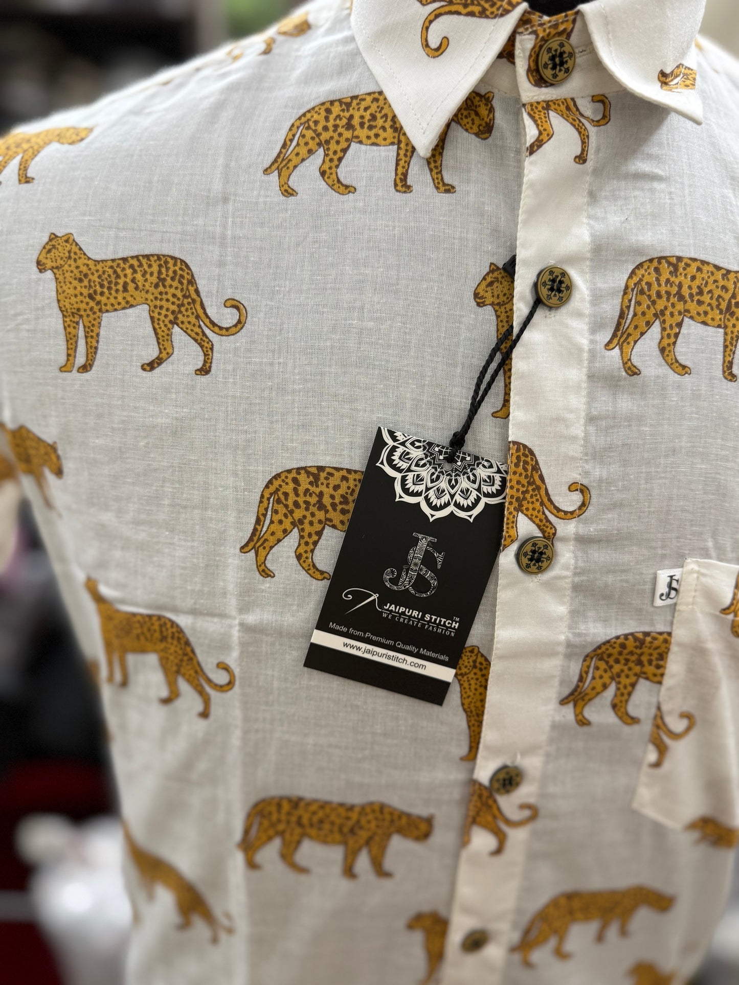 White Cheetah Printed Mens Half Sleeves Cotton Shirt
