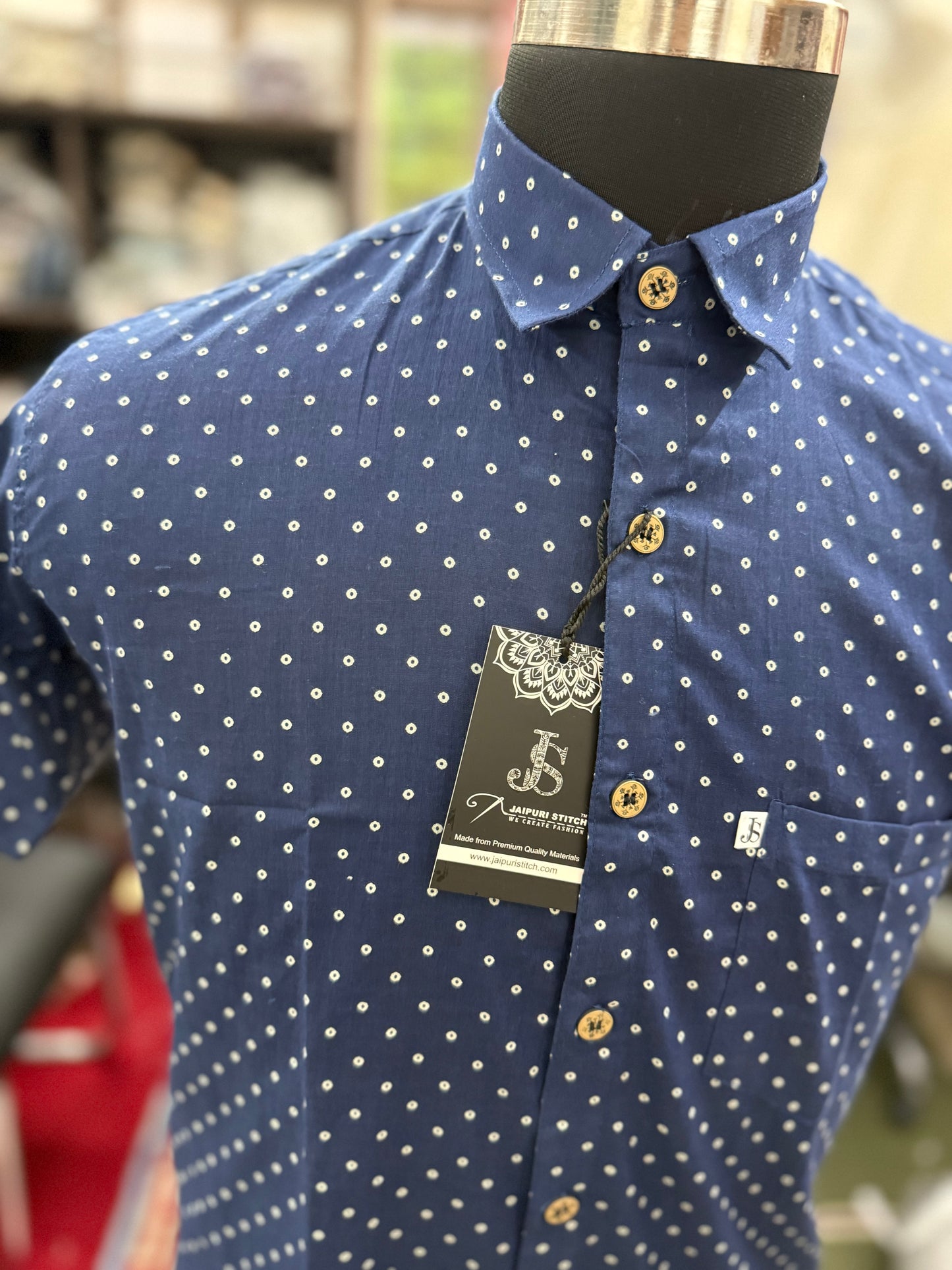 Navy Blue Polka Dot Printed Mens Half Sleeves Cotton Shirt