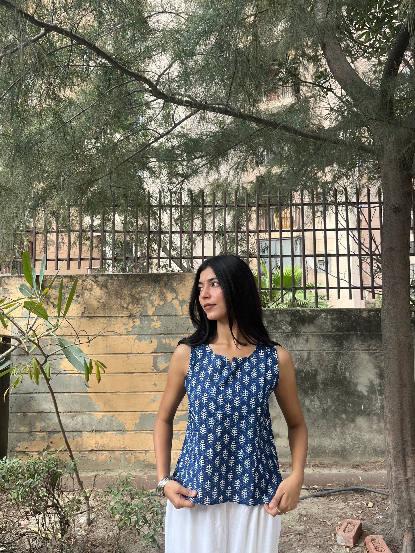 Indigo Blue Dabu Print Sleeveless Cotton Crop Kurti Top for Women