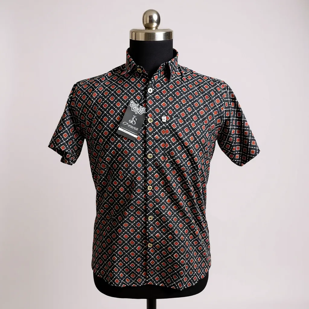 Black Red Square Jaal Printed Mens Half Sleeves Cotton Shirt