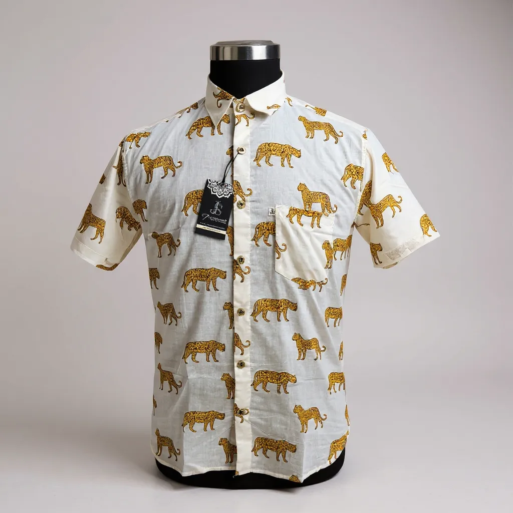 White Cheetah Printed Mens Half Sleeves Cotton Shirt