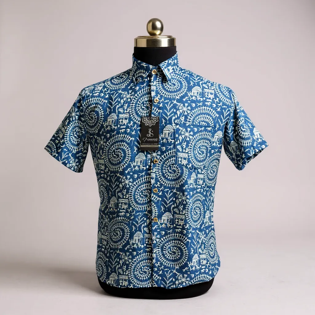 Blue Warli Spiral Printed Mens Half Sleeves Cotton Shirt