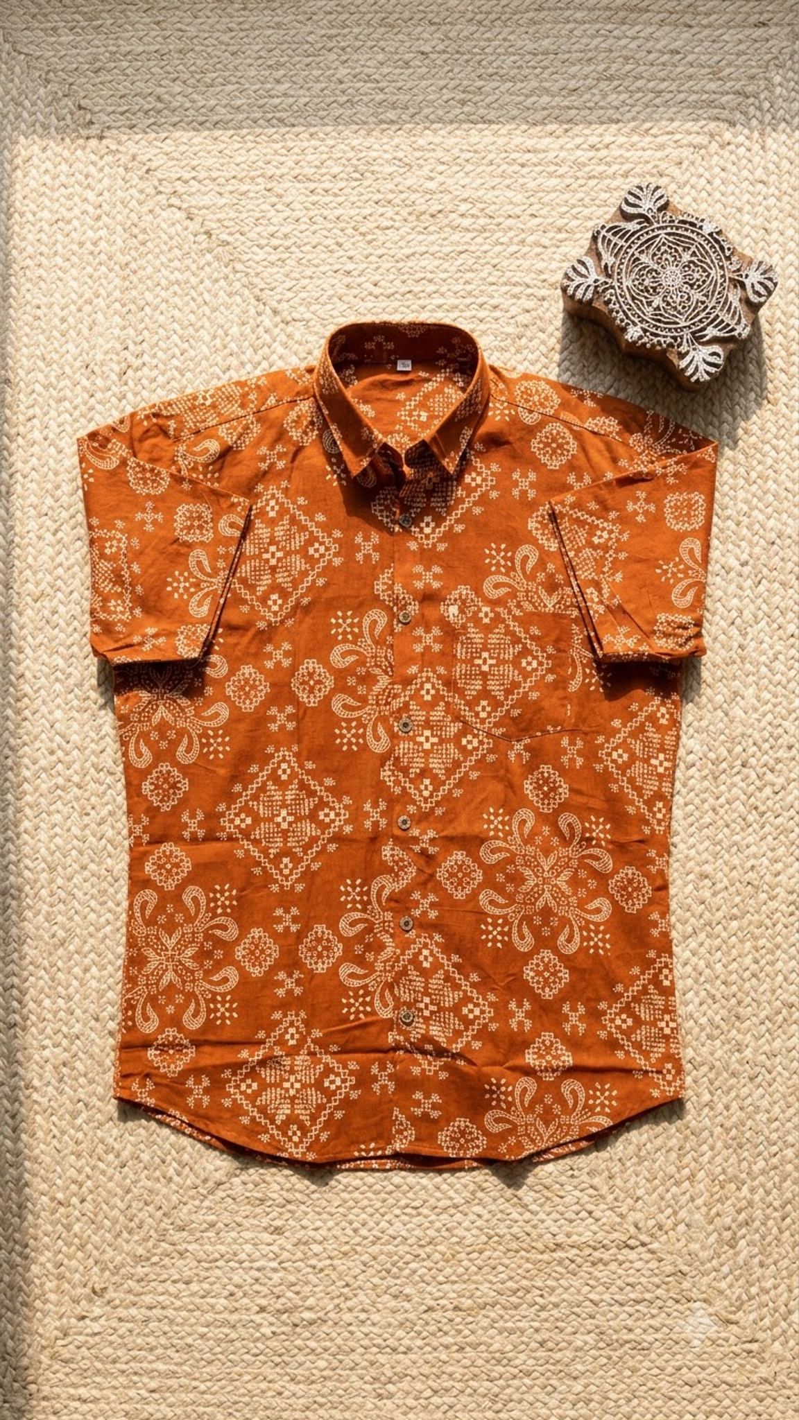 Orange Big Bandhej Printed Half Sleeves Cotton Shirt for Men
