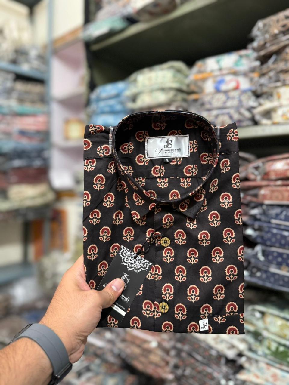 Black Floral Booti Printed Mens Half Sleeves Cotton Shirt